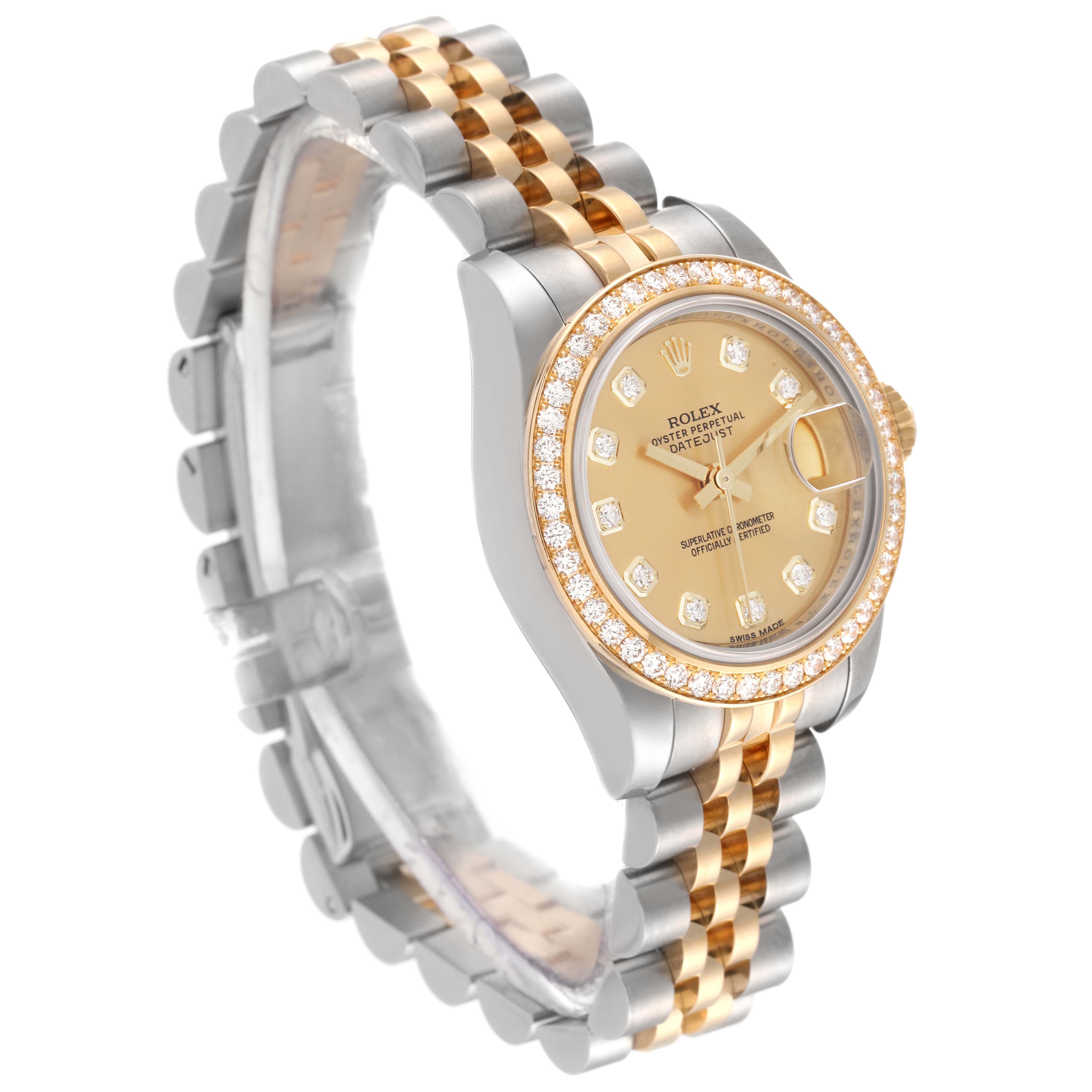 This image shows a Rolex Datejust 179383 Women's Steel and Gold (two tone) Champagne Dial 179383 Women's Steel and Gold (two tone) Champagne Dial watch from a front-angle view, highlighting its gold-tone dial, diamond bezel, and two-tone bracelet.