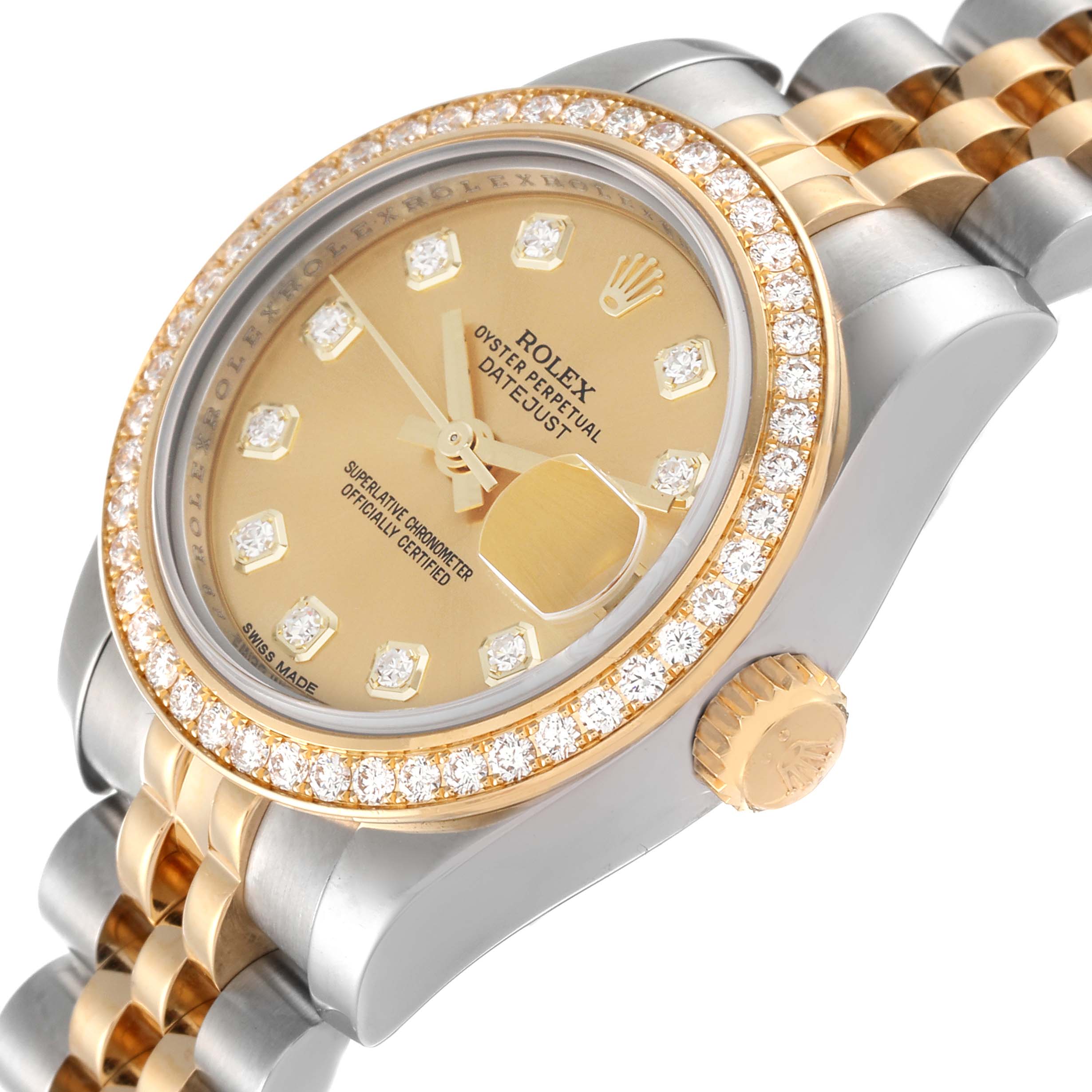 This image shows a close-up, angled view of a Rolex Datejust 179383 Women's Steel and Gold (two tone) Champagne Dial 179383 Women's Steel and Gold (two tone) Champagne Dial watch highlighting its dial, bezel, and part of the bracelet.