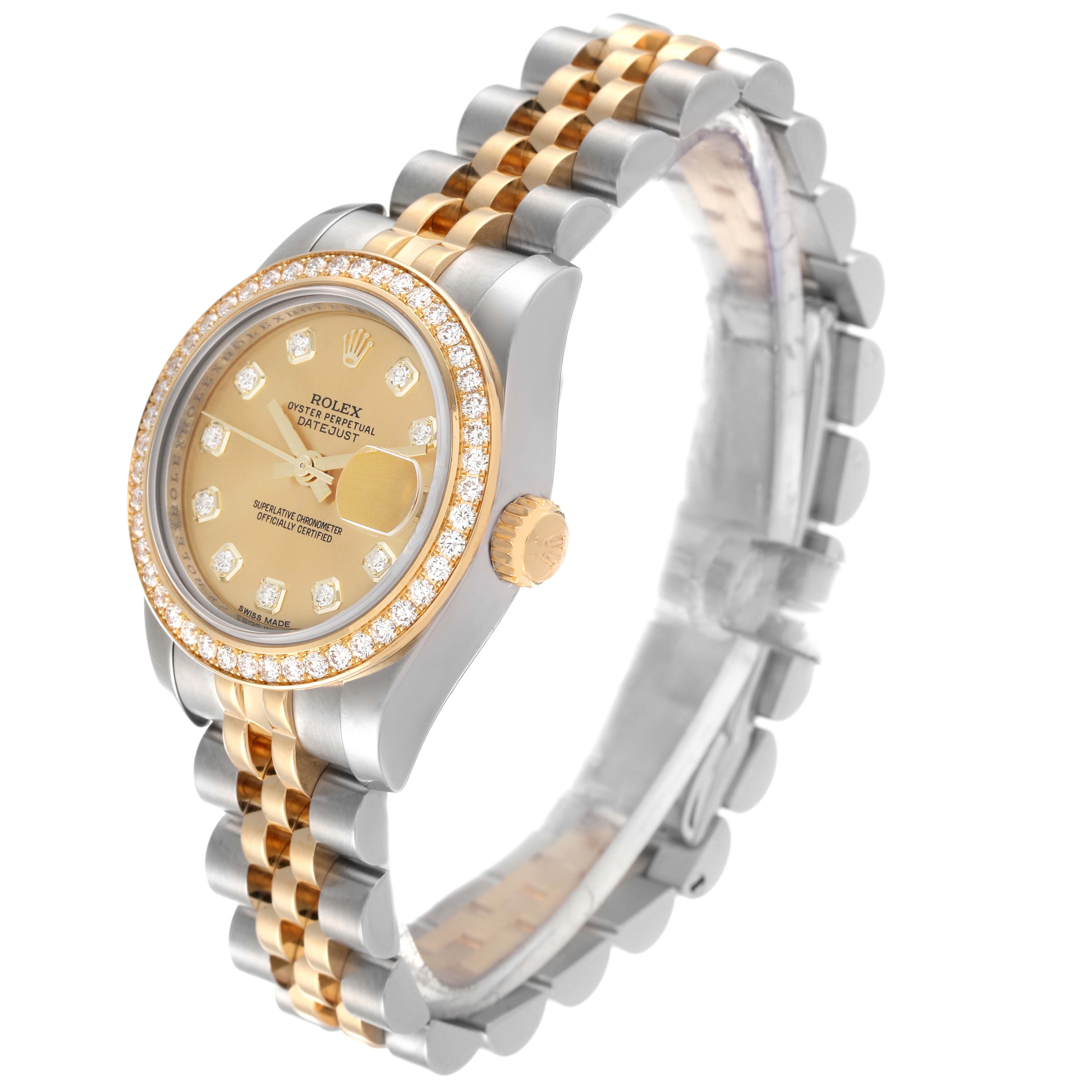 The image shows a Rolex Datejust 179383 Women's Steel and Gold (two tone) Champagne Dial 179383 Women's Steel and Gold (two tone) Champagne Dial watch in a three-quarter angle, highlighting its gold dial, diamond bezel, and two-tone bracelet.