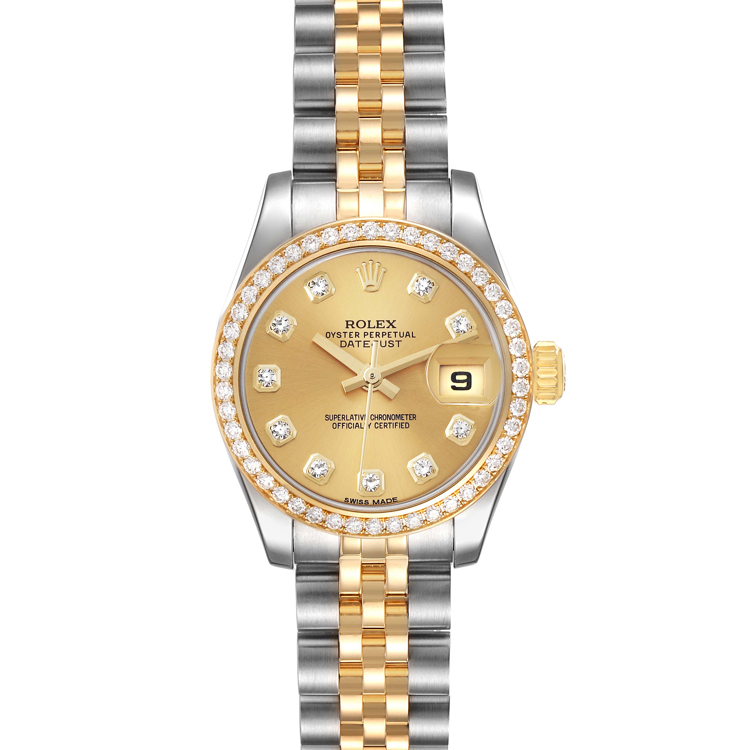 This Rolex Datejust 179383 Women's Steel and Gold (two tone) Champagne Dial 179383 Women's Steel and Gold (two tone) Champagne Dial watch is shown from a top-down view, displaying the face, bezel, and bracelet.