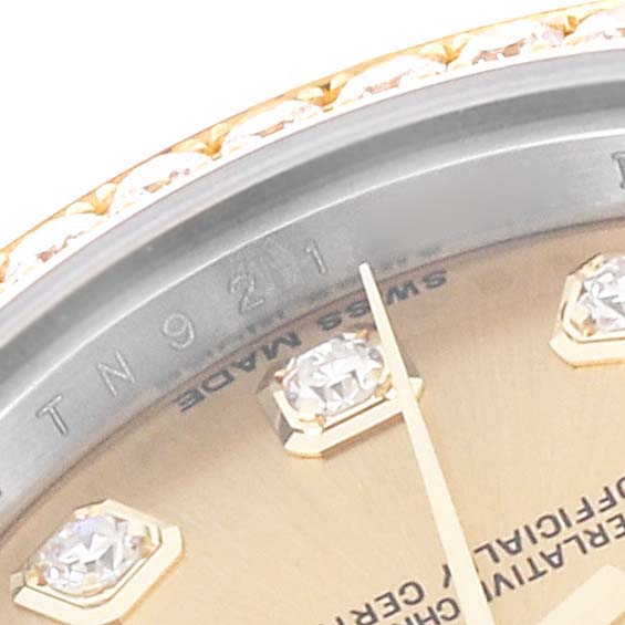 The image shows a close-up view of the dial and bezel of a Rolex Datejust 179383 Women's Steel and Gold (two tone) Champagne Dial 179383 Women's Steel and Gold (two tone) Champagne Dial watch.