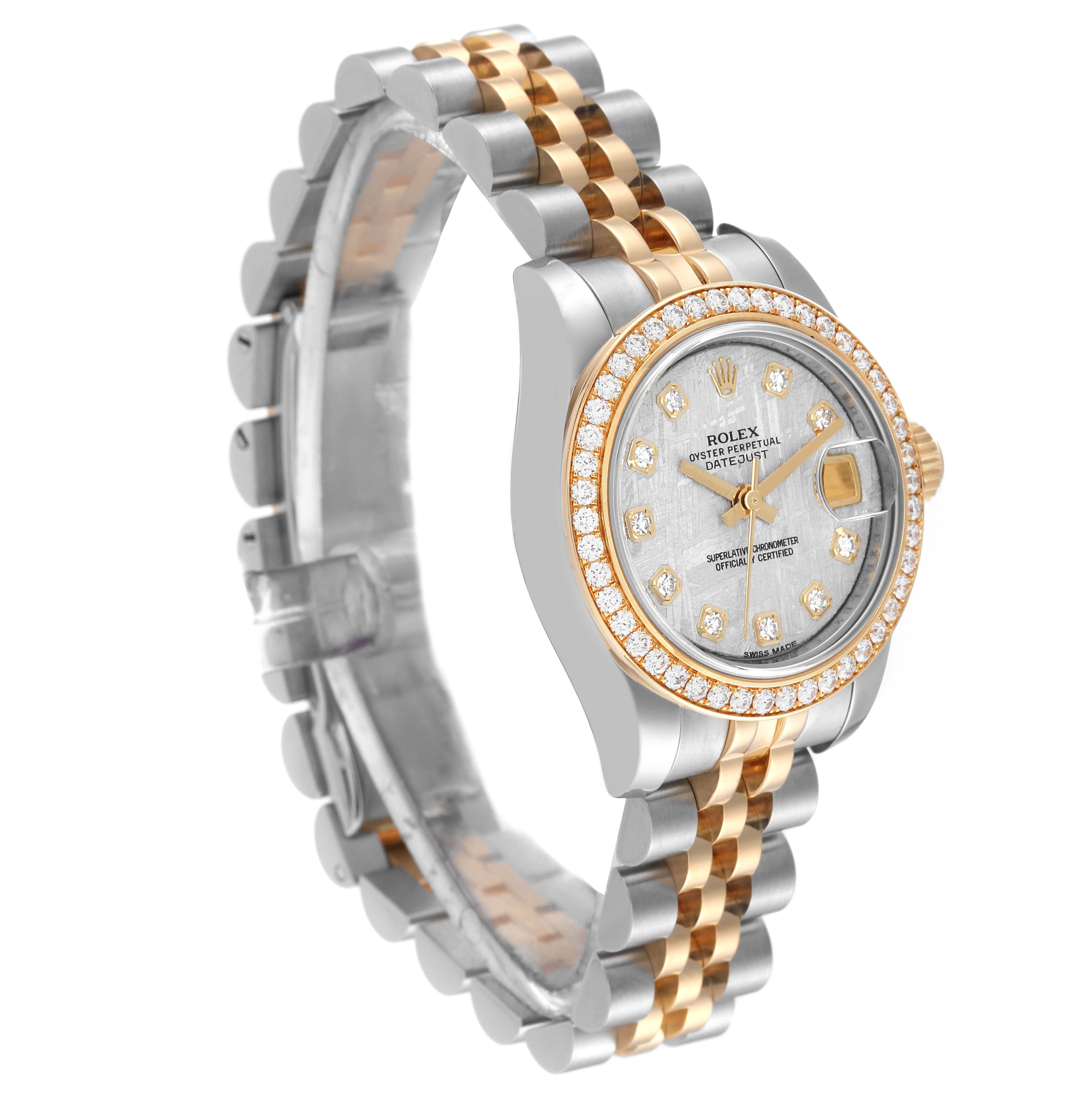 The image shows a Rolex Datejust 179383 Women's Steel and Gold (two tone) Silver Dial 179383 Women's Steel and Gold (two tone) Silver Dial watch at an angle displaying the bezel, dial, and bracelet with gold and silver details.