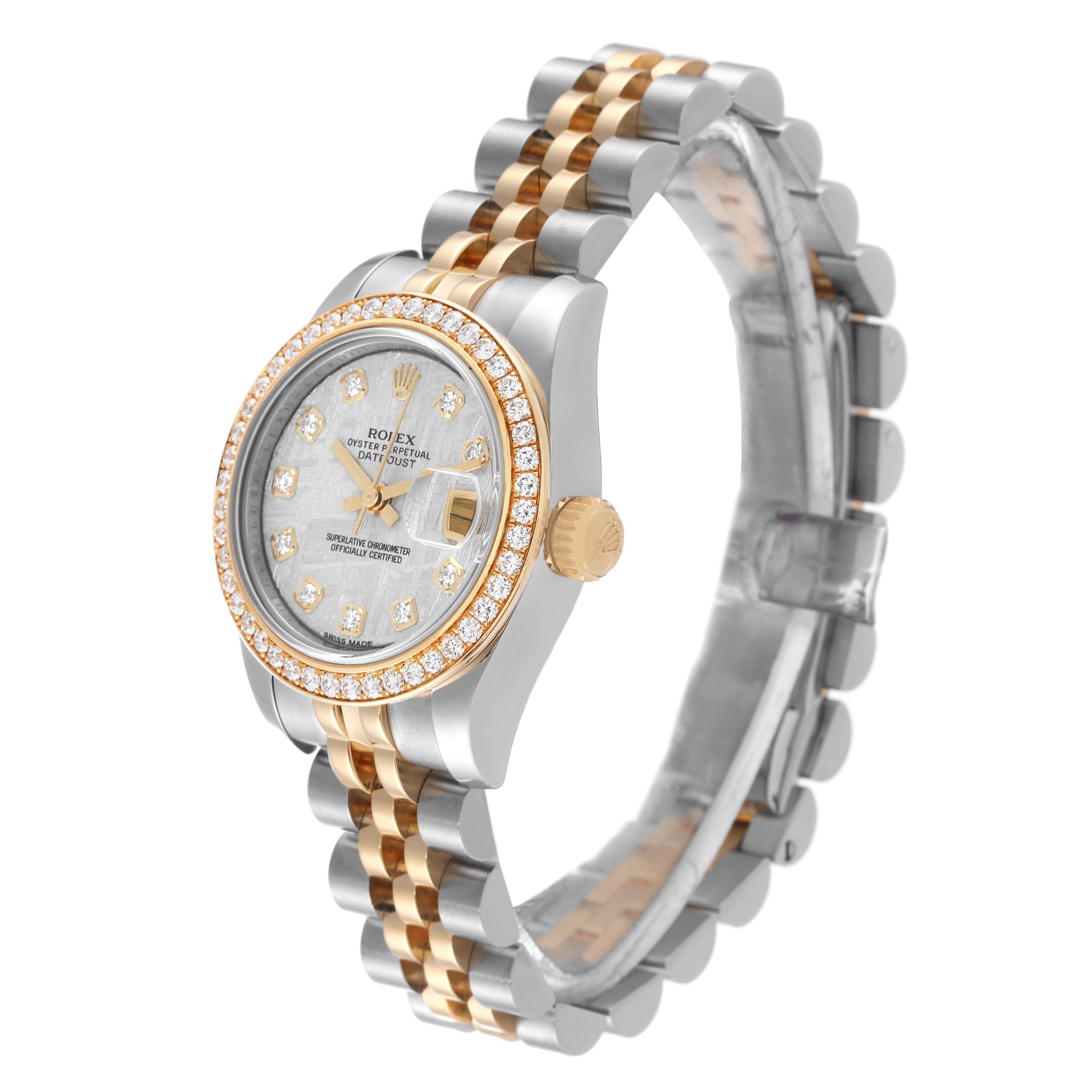 The Rolex Datejust 179383 Women's Steel and Gold (two tone) Silver Dial 179383 Women's Steel and Gold (two tone) Silver Dial watch is shown at a slight angle displaying its face, bezel, crown, and a partial view of the bracelet.
