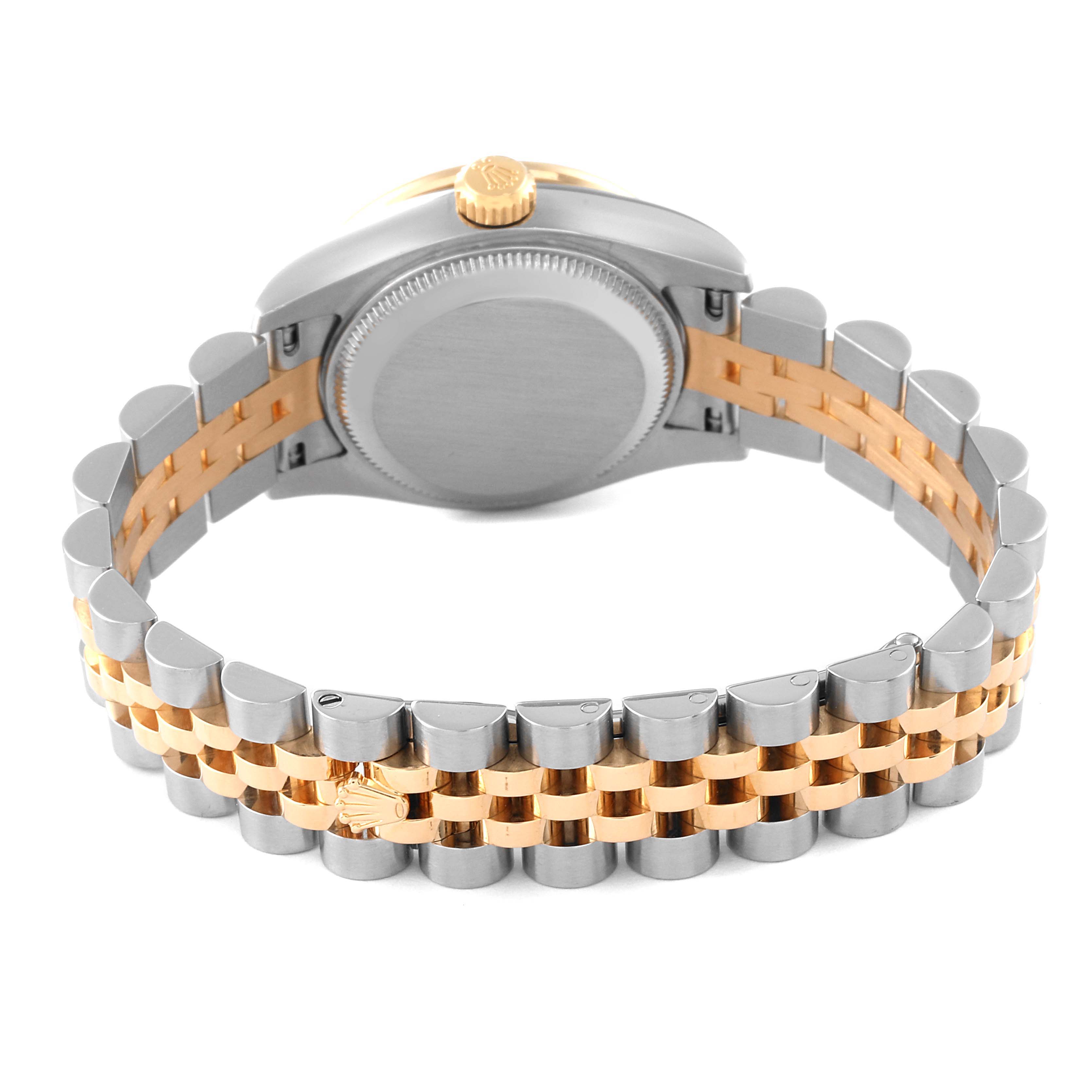 The image shows the backside and bracelet of a Rolex Datejust 179383 Women's Steel and Gold (two tone) Silver Dial 179383 Women's Steel and Gold (two tone) Silver Dial watch, highlighting the case back and Jubilee bracelet.