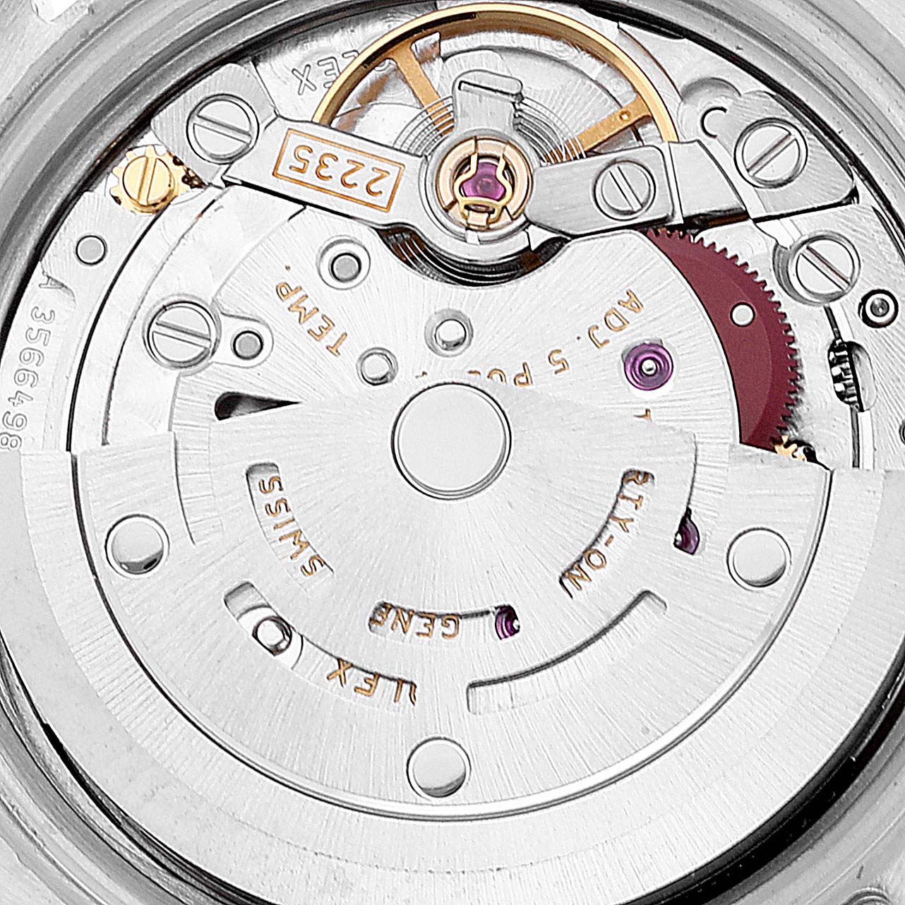 This image shows the mechanical movement of the Rolex Datejust 179383 Women's Steel and Gold (two tone) Silver Dial 179383 Women's Steel and Gold (two tone) Silver Dial watch, viewed from the back.