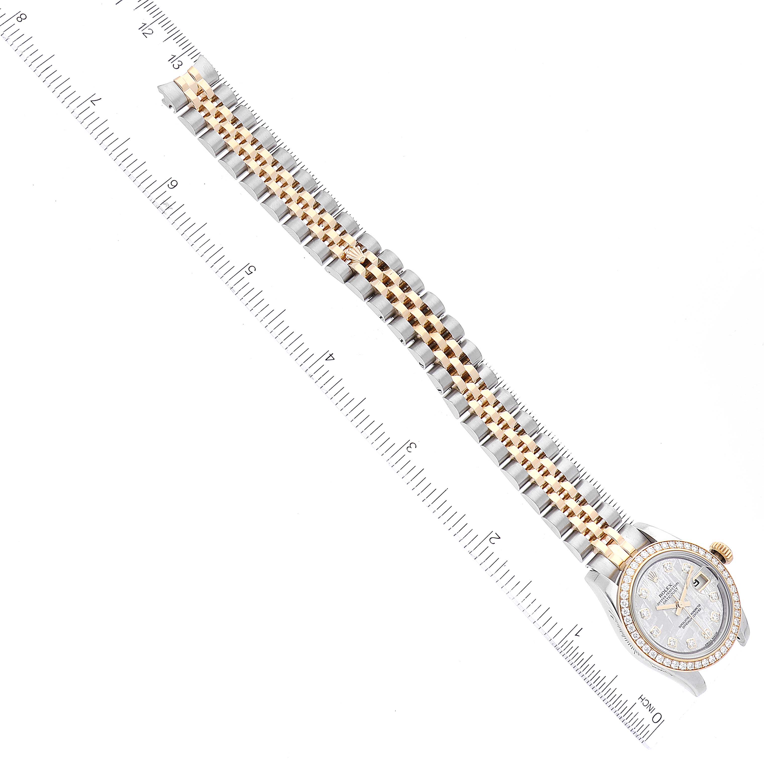 This image shows a top-down view of a Rolex Datejust 179383 Women's Steel and Gold (two tone) Silver Dial 179383 Women's Steel and Gold (two tone) Silver Dial model watch, highlighting the face and full bracelet.