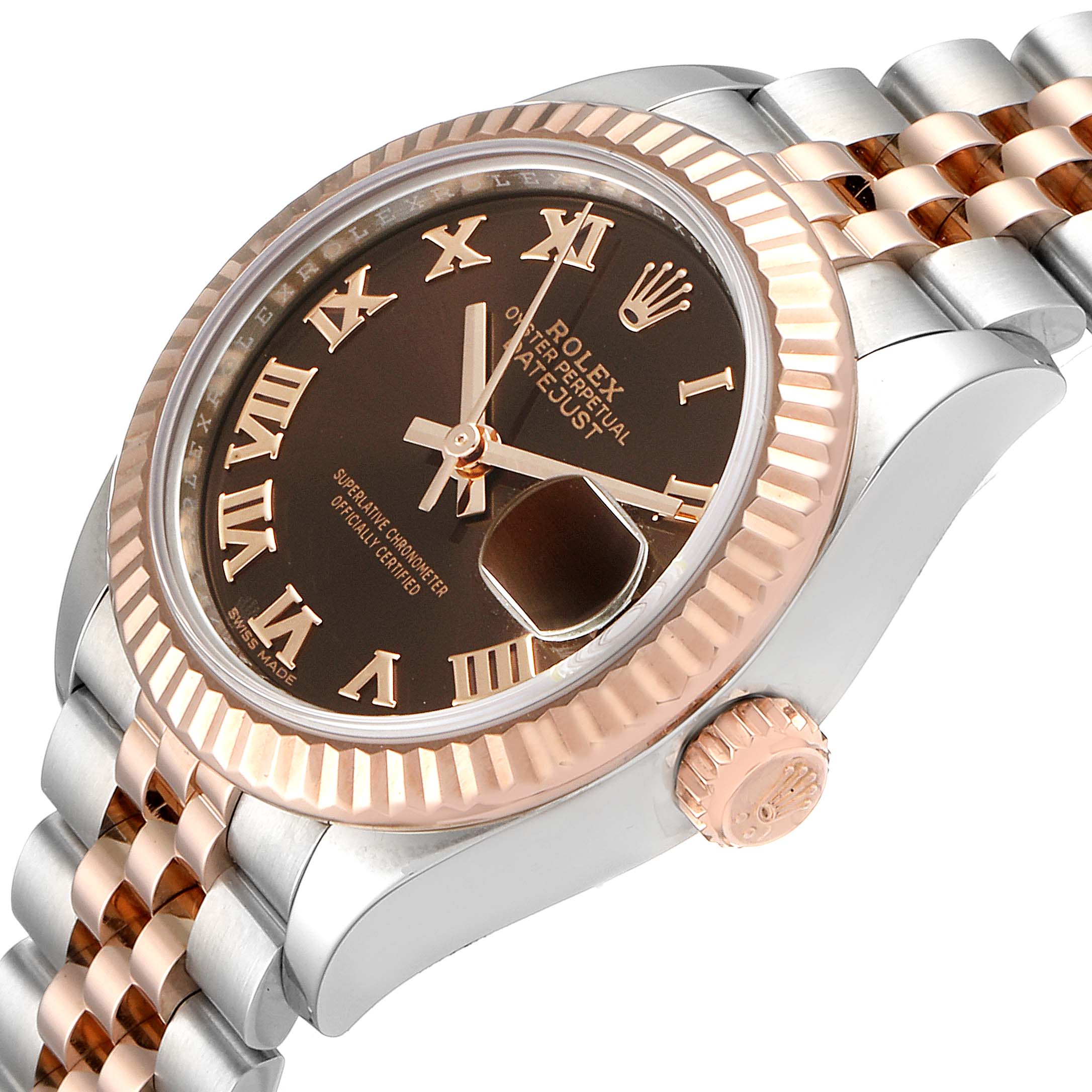 This image shows a close-up of the Rolex Datejust 279171 Women's Steel and Gold (two tone) Brown Dial 279171 Women's Steel and Gold (two tone) Brown Dial watch, highlighting the face, bezel, crown, and part of the bracelet.
