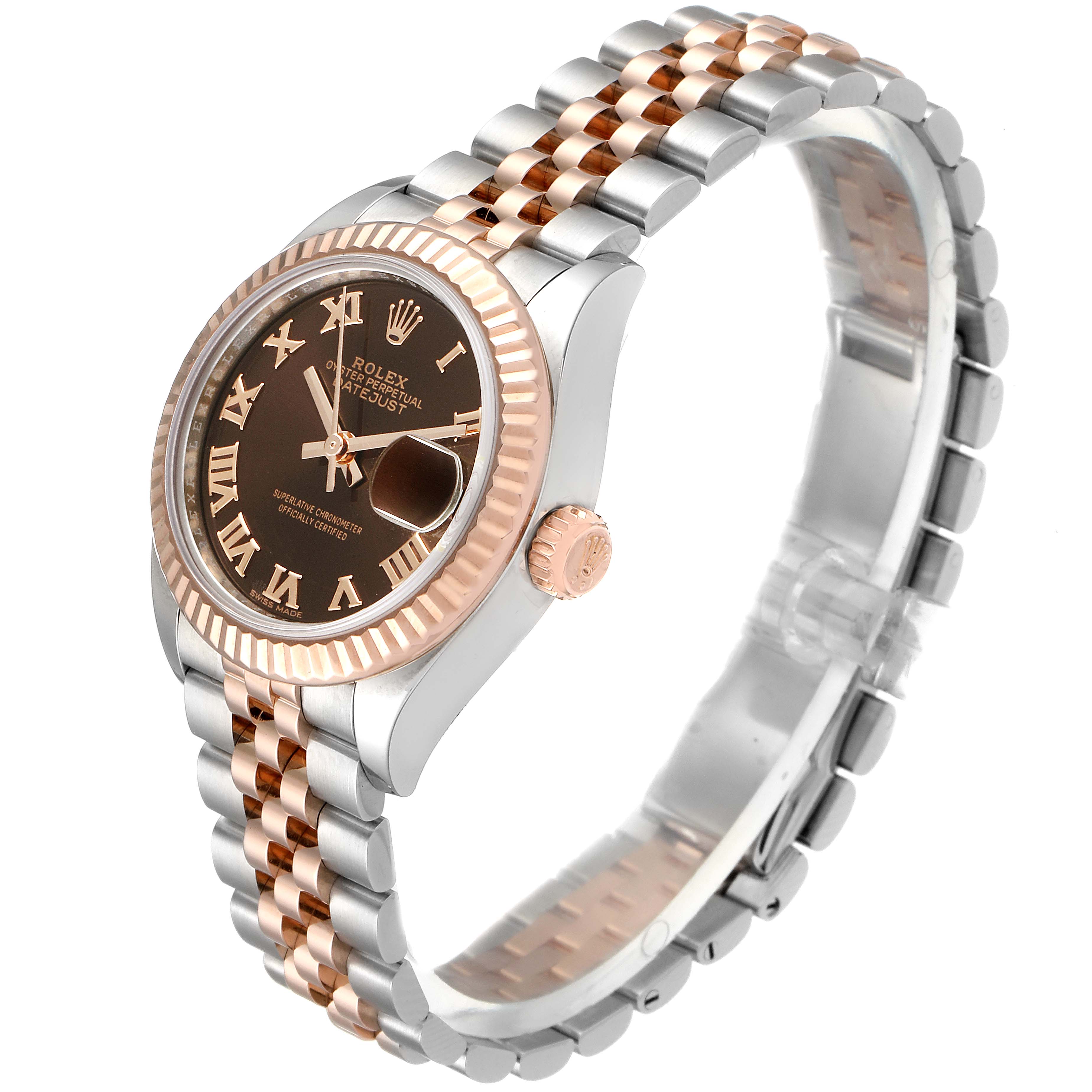 This image shows a Rolex Datejust 279171 Women's Steel and Gold (two tone) Brown Dial 279171 Women's Steel and Gold (two tone) Brown Dial watch at a slight side angle, highlighting the dial, bezel, crown, and bracelet.