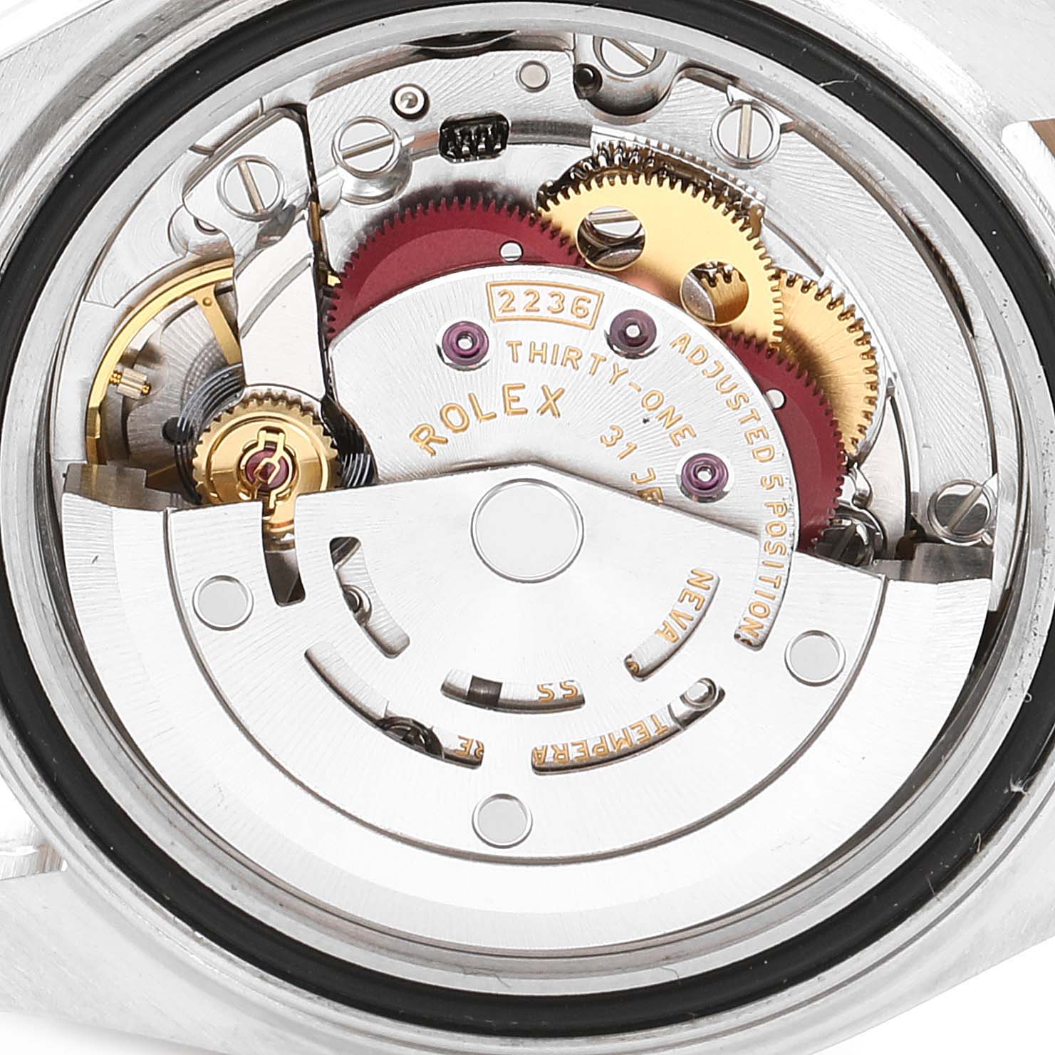 This image shows the movement mechanism of a Rolex Datejust 279171 Women's Steel and Gold (two tone) Brown Dial 279171 Women's Steel and Gold (two tone) Brown Dial watch from a rear angle.