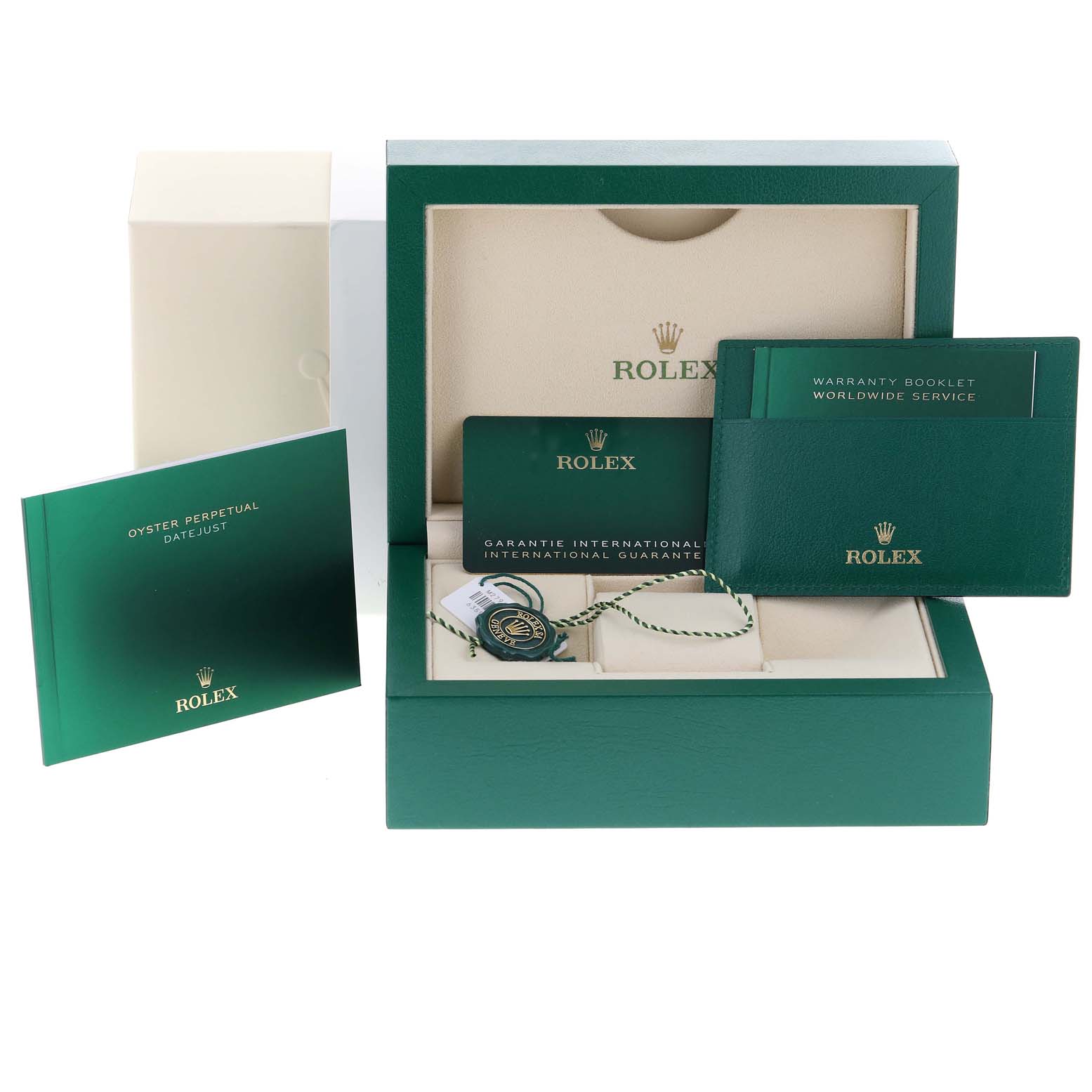 The image shows a Rolex Datejust 279174 Women's Stainless Steel Grey Dial 279174 Women's Stainless Steel Grey Dial packaging box, warranty booklet, international guarantee card, and an Oyster Perpetual Datejust booklet.