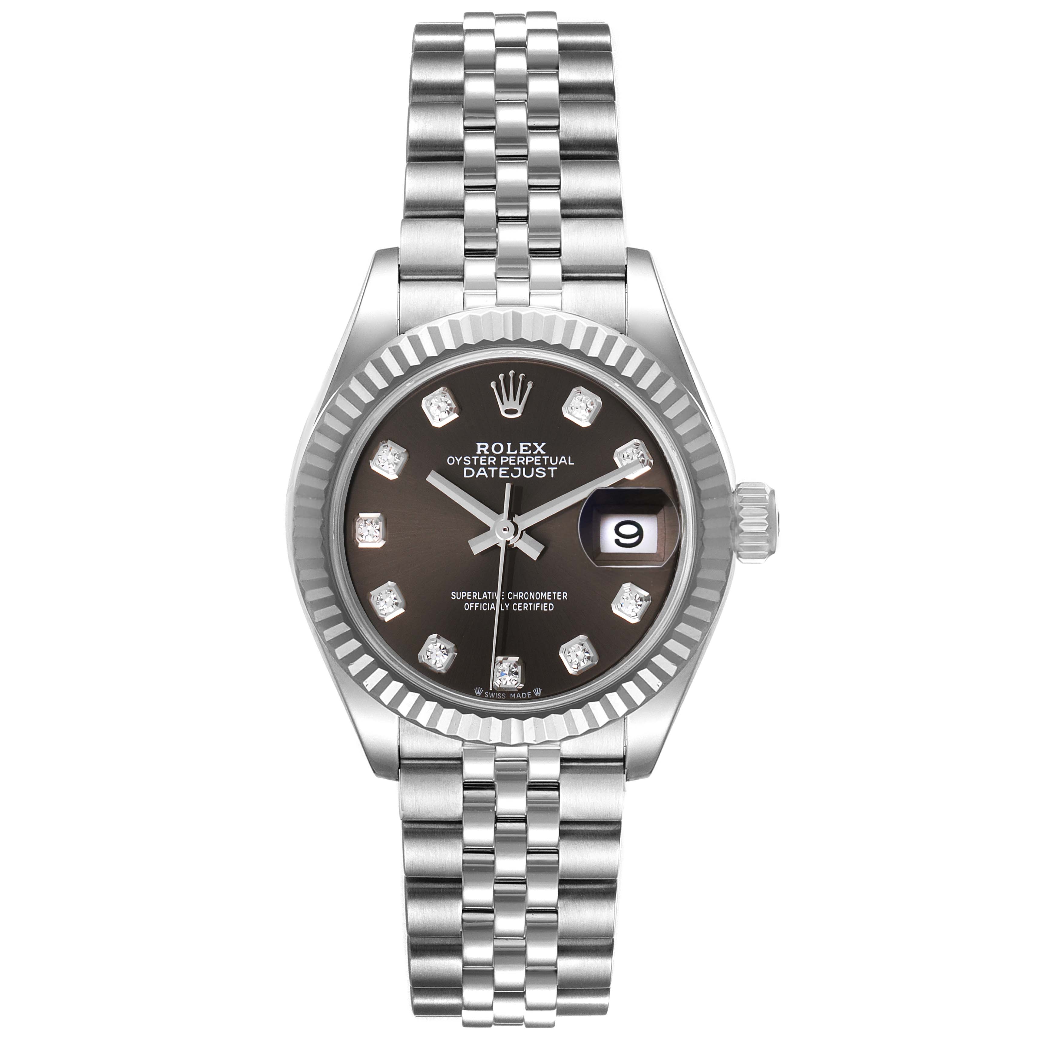 The image shows a front view of a Rolex Datejust 279174 Women's Stainless Steel Grey Dial 279174 Women's Stainless Steel Grey Dial watch, highlighting the dial, bracelet, fluted bezel, and date window.
