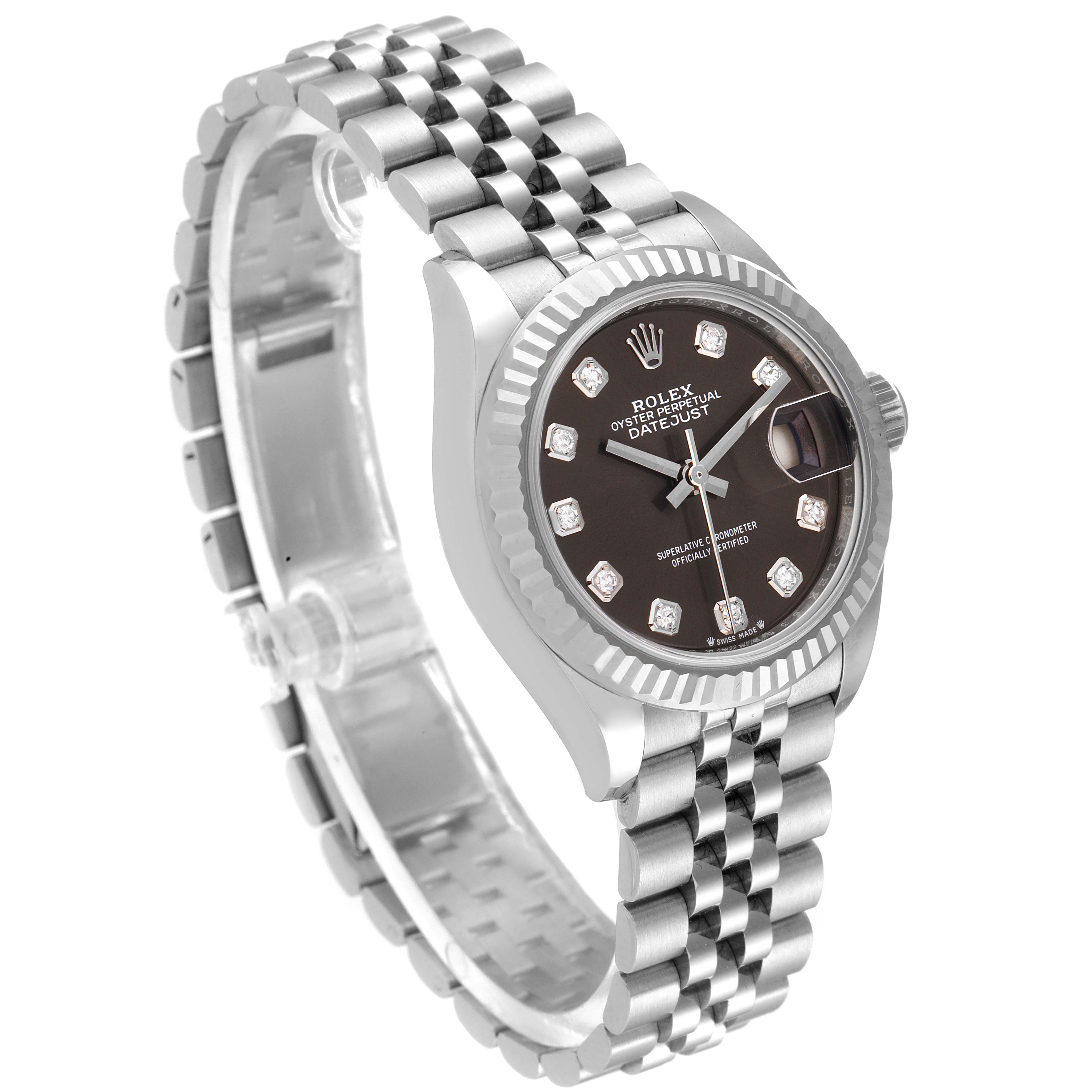 This image shows a Rolex Datejust 279174 Women's Stainless Steel Grey Dial 279174 Women's Stainless Steel Grey Dial watch at a side angle, highlighting its bracelet, bezel, and dark dial with diamond hour markers.