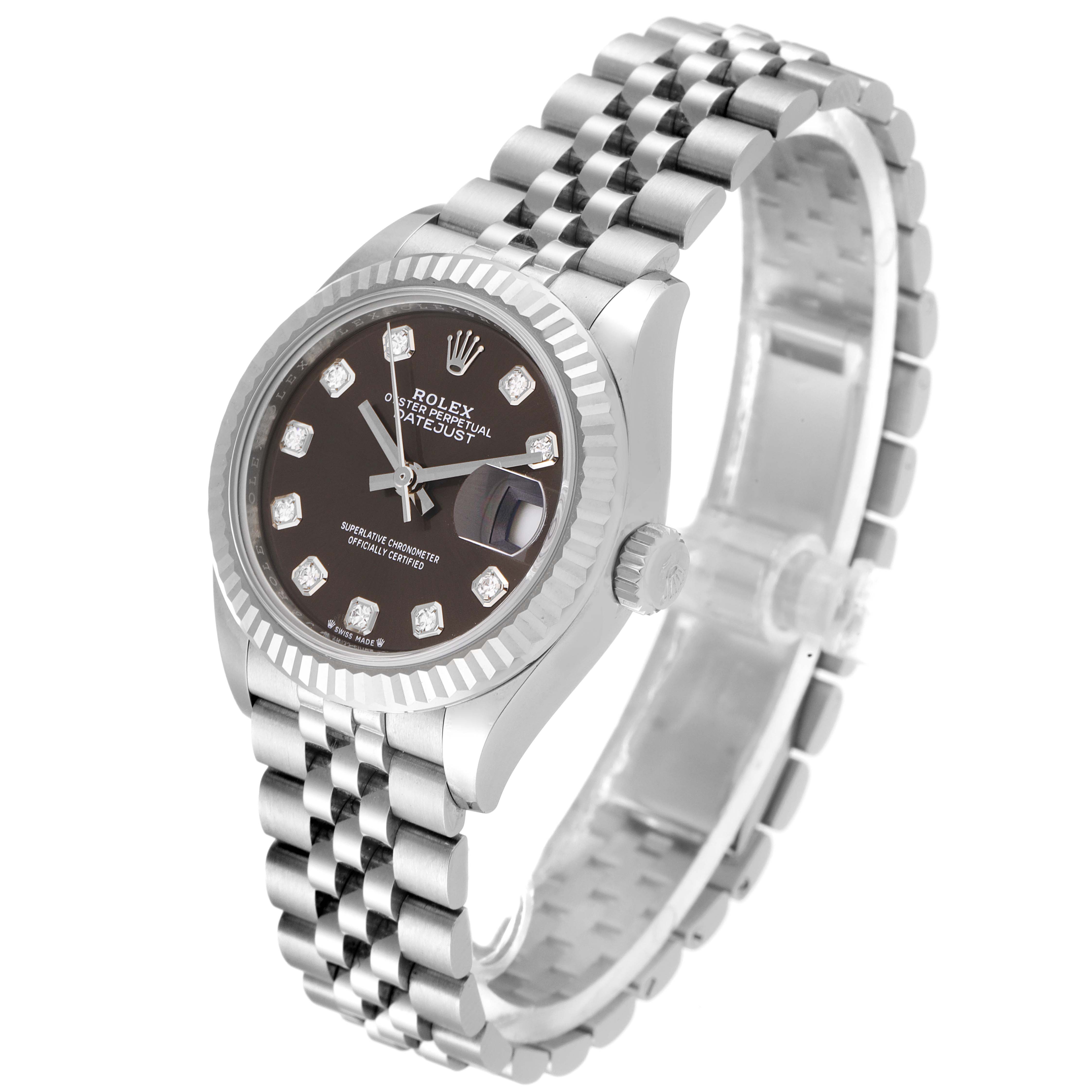 The Rolex Datejust 279174 Women's Stainless Steel Grey Dial 279174 Women's Stainless Steel Grey Dial watch is shown from an angled side view, displaying the face, bezel, crown, and part of the bracelet.