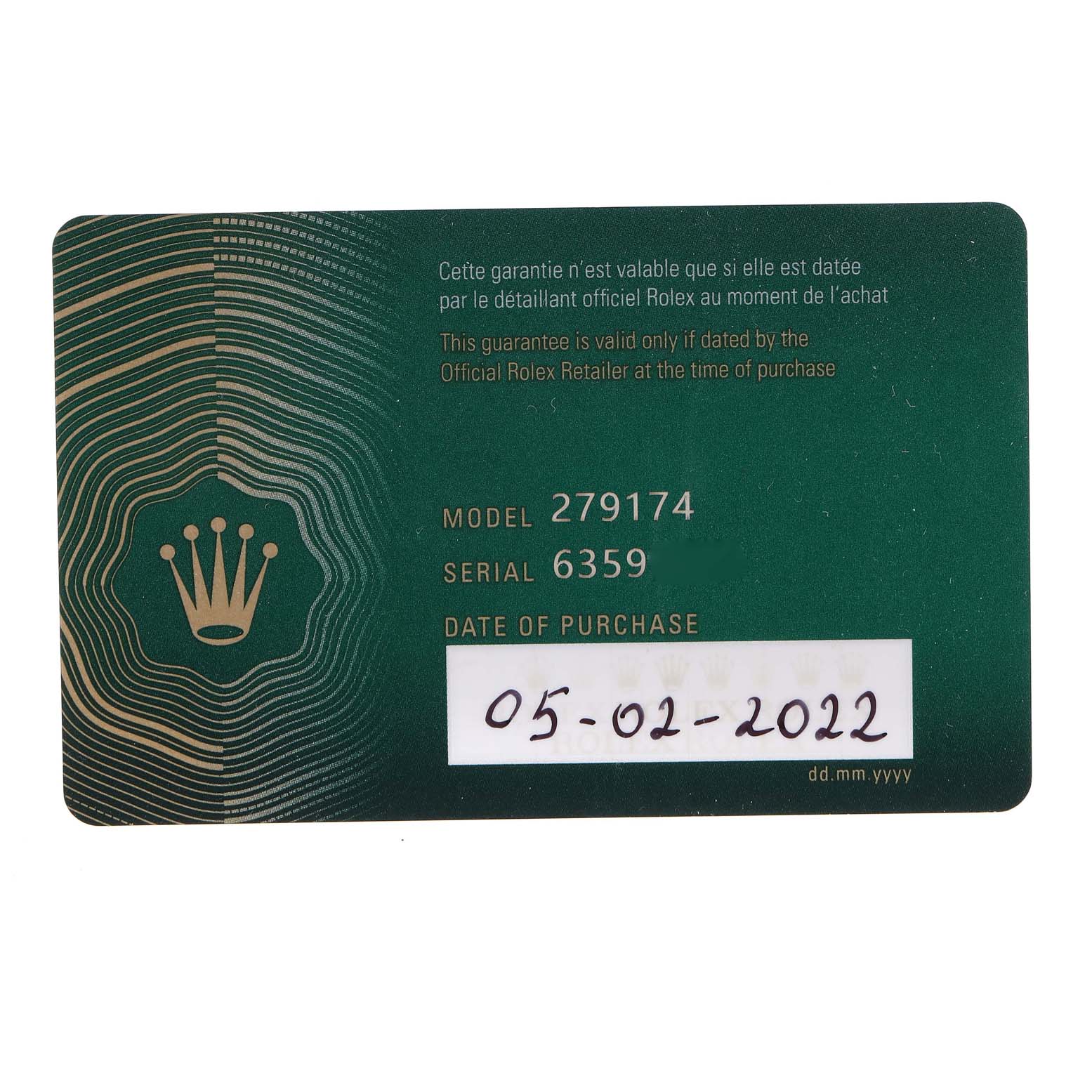 This image shows the warranty card for a Rolex Datejust 279174 Women's Stainless Steel Grey Dial 279174 Women's Stainless Steel Grey Dial model, displaying the model number, serial number, and date of purchase.