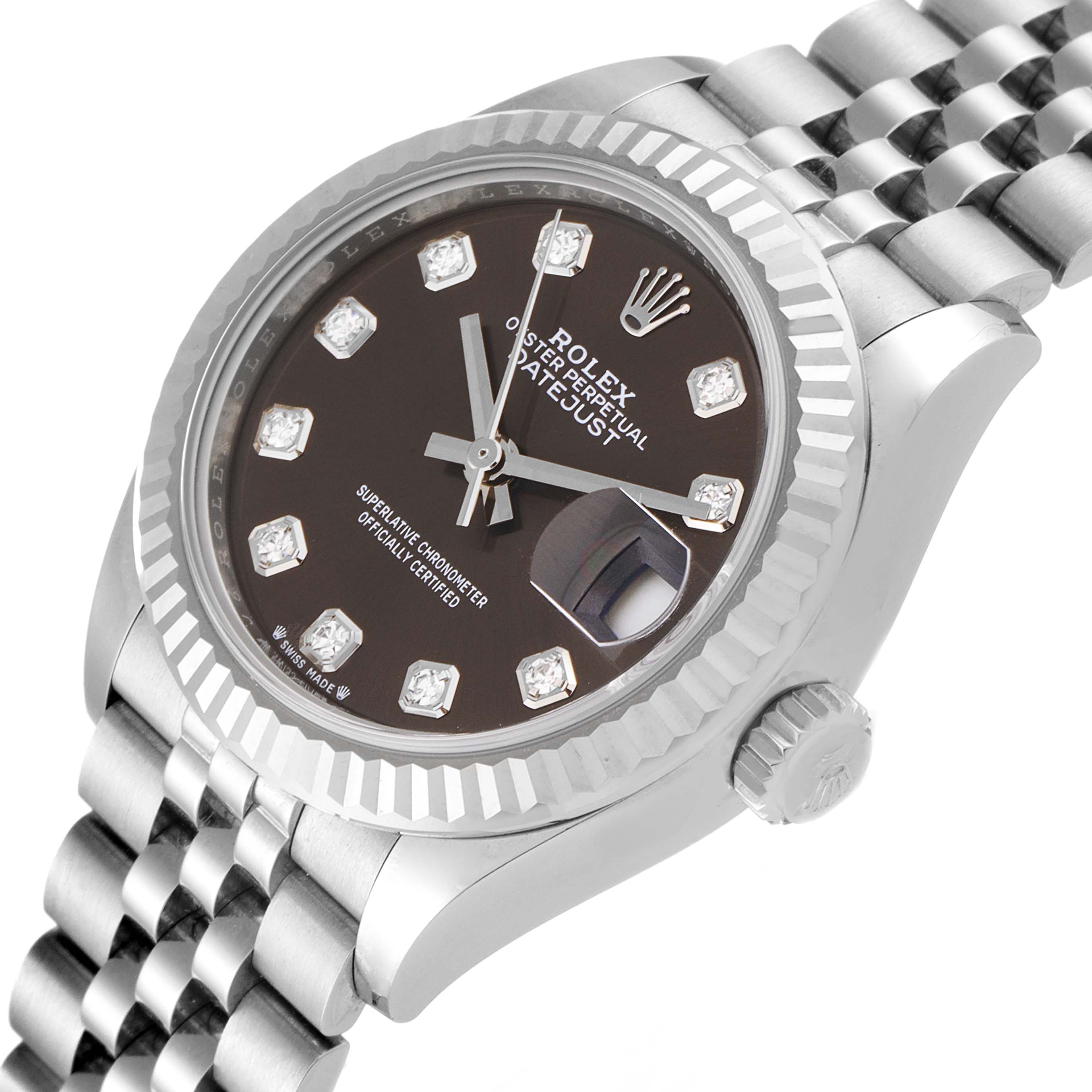 The image shows a close-up view of a Rolex Datejust 279174 Women's Stainless Steel Grey Dial 279174 Women's Stainless Steel Grey Dial watch, highlighting its dial, bezel, and crown from a side angle.