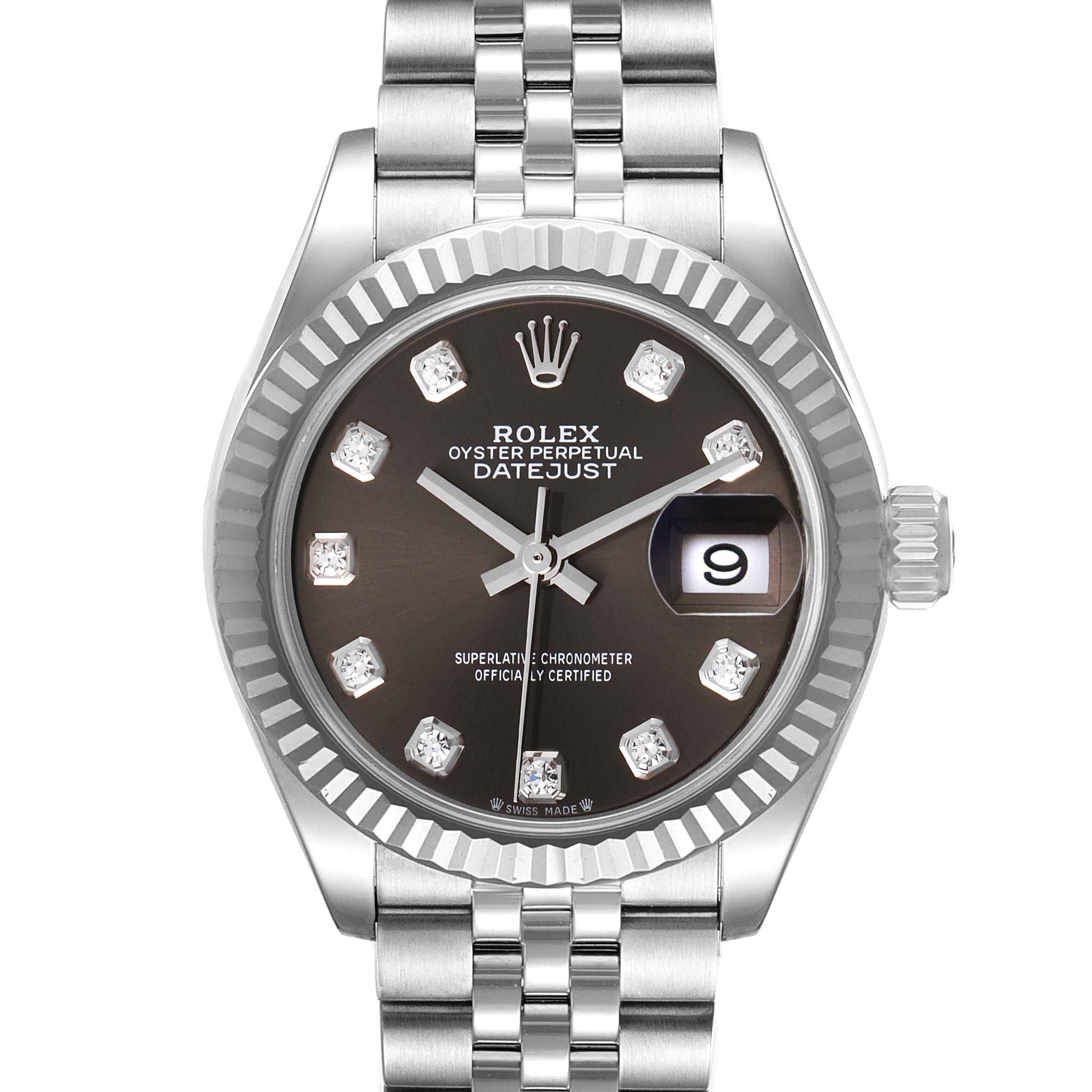 The Rolex Datejust 279174 Women's Stainless Steel Grey Dial 279174 Women's Stainless Steel Grey Dial watch is shown from a front angle, displaying its face, bezel, bracelet, and crown.