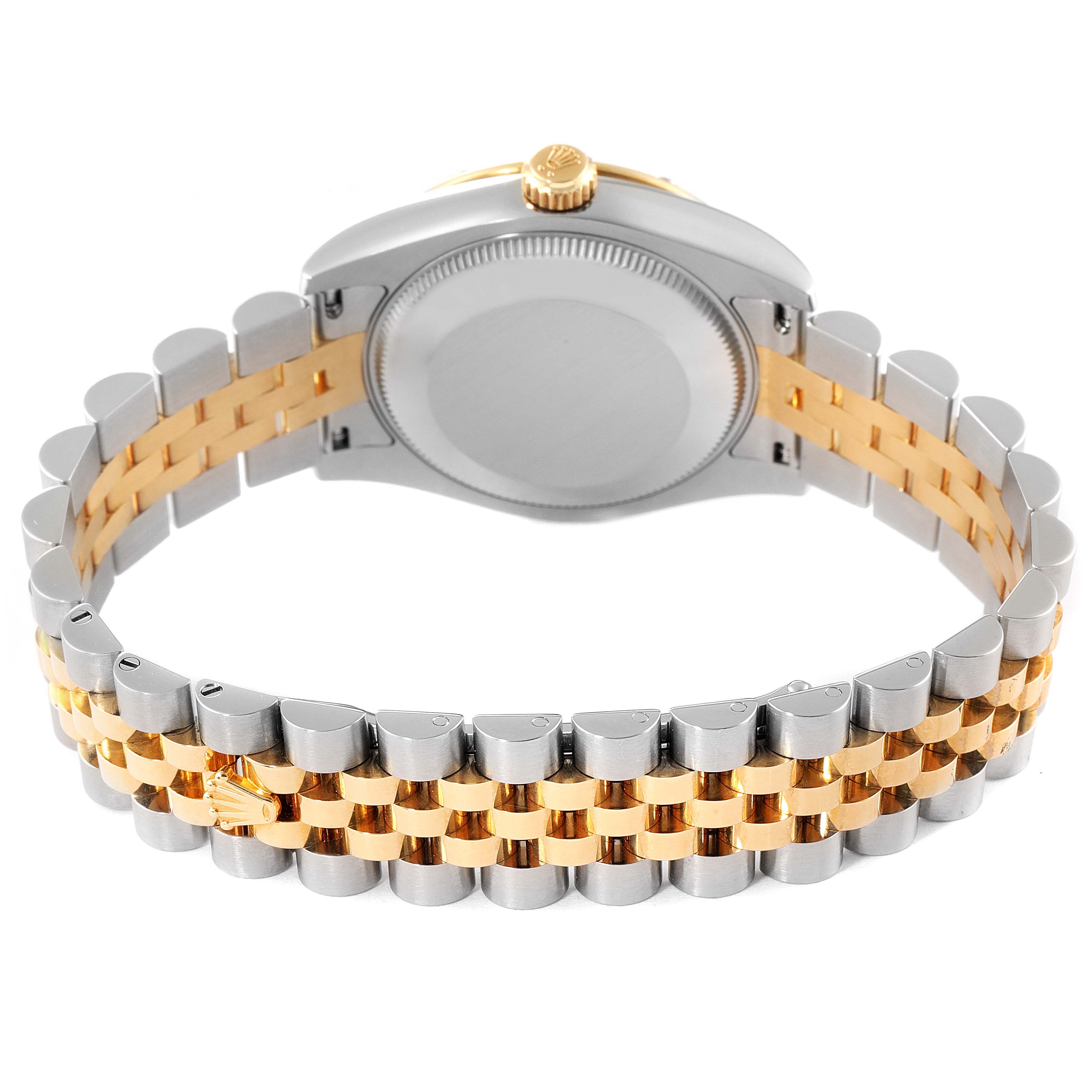 This image shows the underside of a Rolex Mid-Size 178343 Women's Steel and Gold (two tone) Mother of Pearl Dial 178343 Women's Steel and Gold (two tone) Mother of Pearl Dial watch, focusing on the case back and two-tone bracelet.