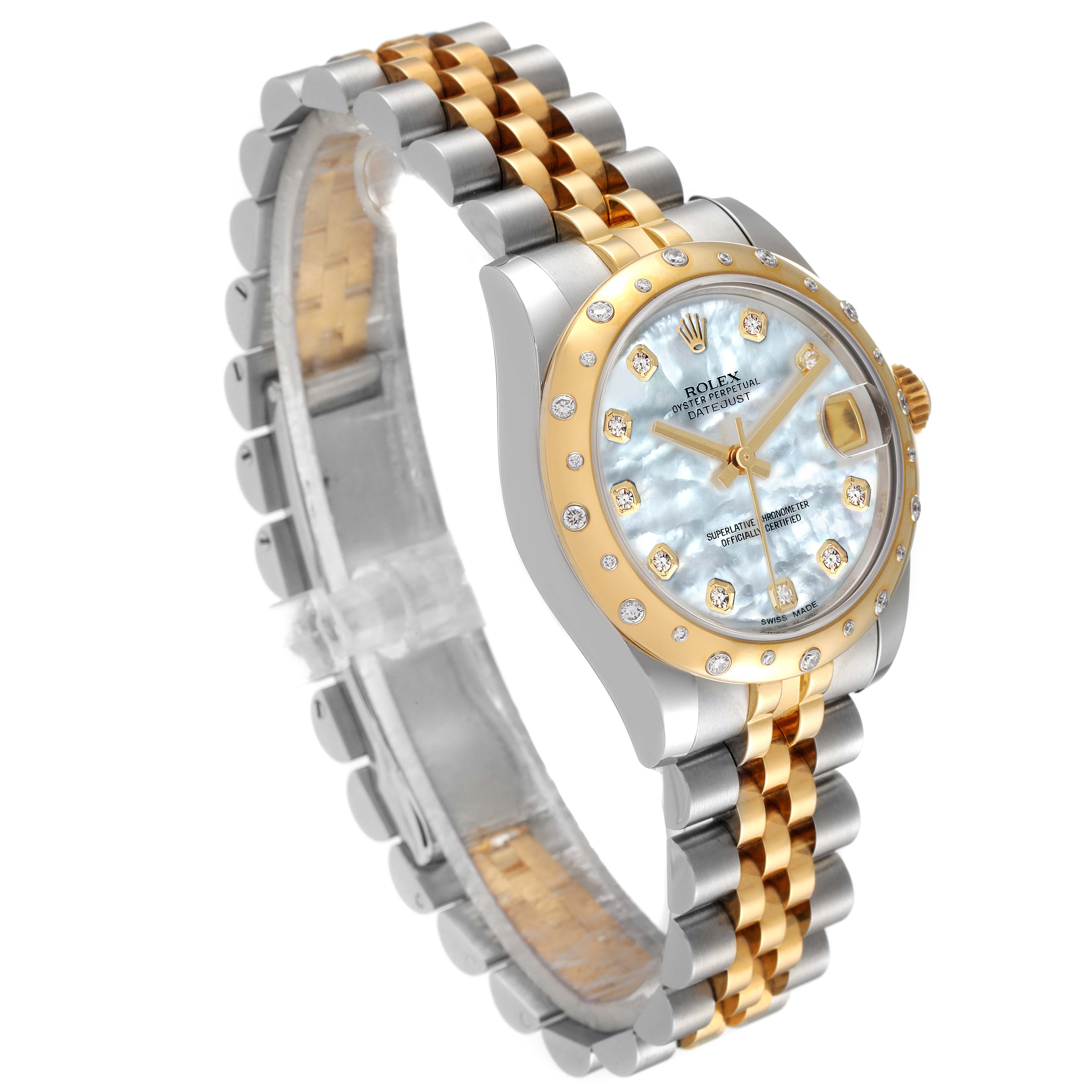 The image shows a Rolex Mid-Size 178343 Women's Steel and Gold (two tone) Mother of Pearl Dial 178343 Women's Steel and Gold (two tone) Mother of Pearl Dial model watch at a three-quarter angle, displaying its face, bezel, and bracelet.