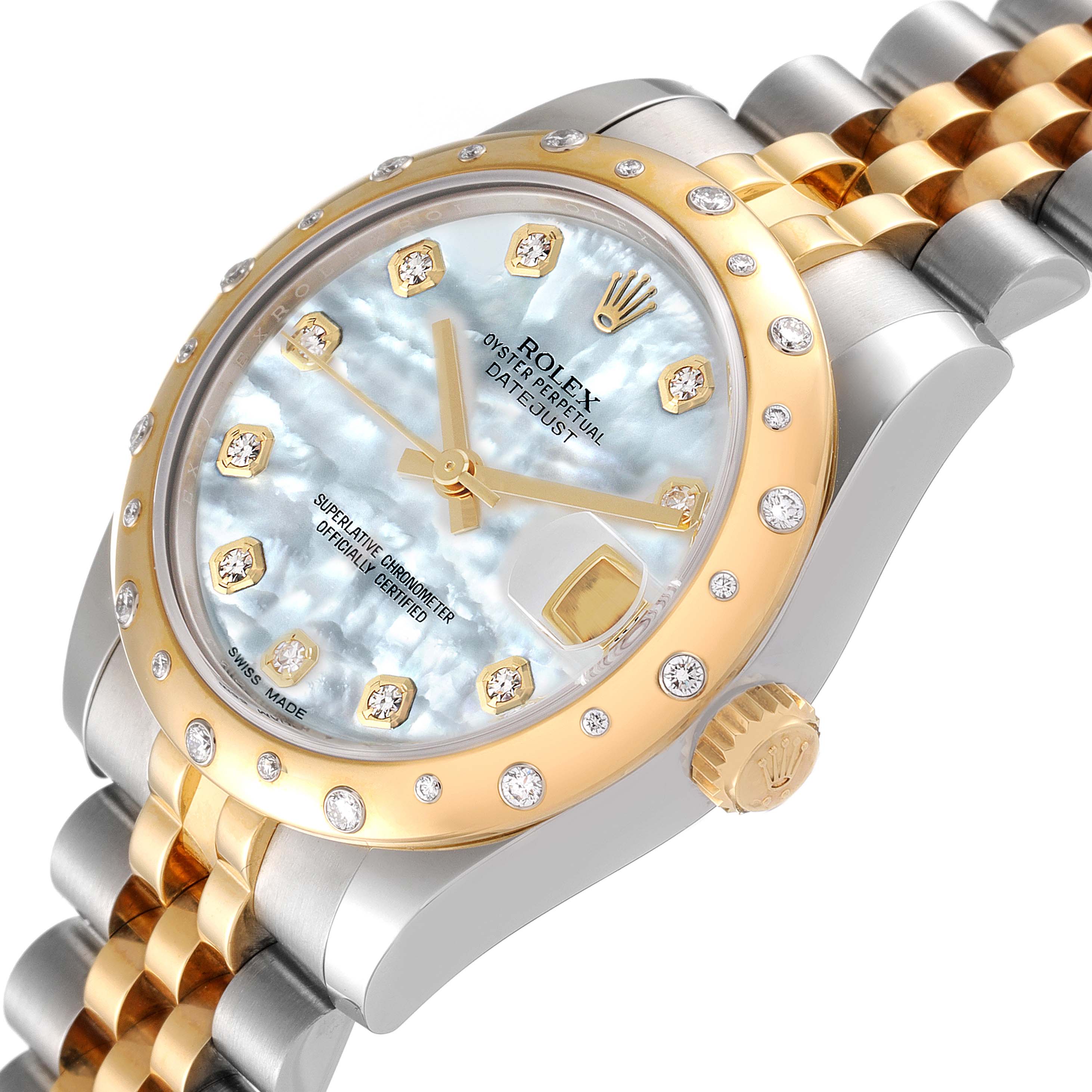 The image shows a Rolex Mid-Size 178343 Women's Steel and Gold (two tone) Mother of Pearl Dial 178343 Women's Steel and Gold (two tone) Mother of Pearl Dial Datejust watch at an angled close-up, featuring its dial, bezel, crown, and partial bracelet.