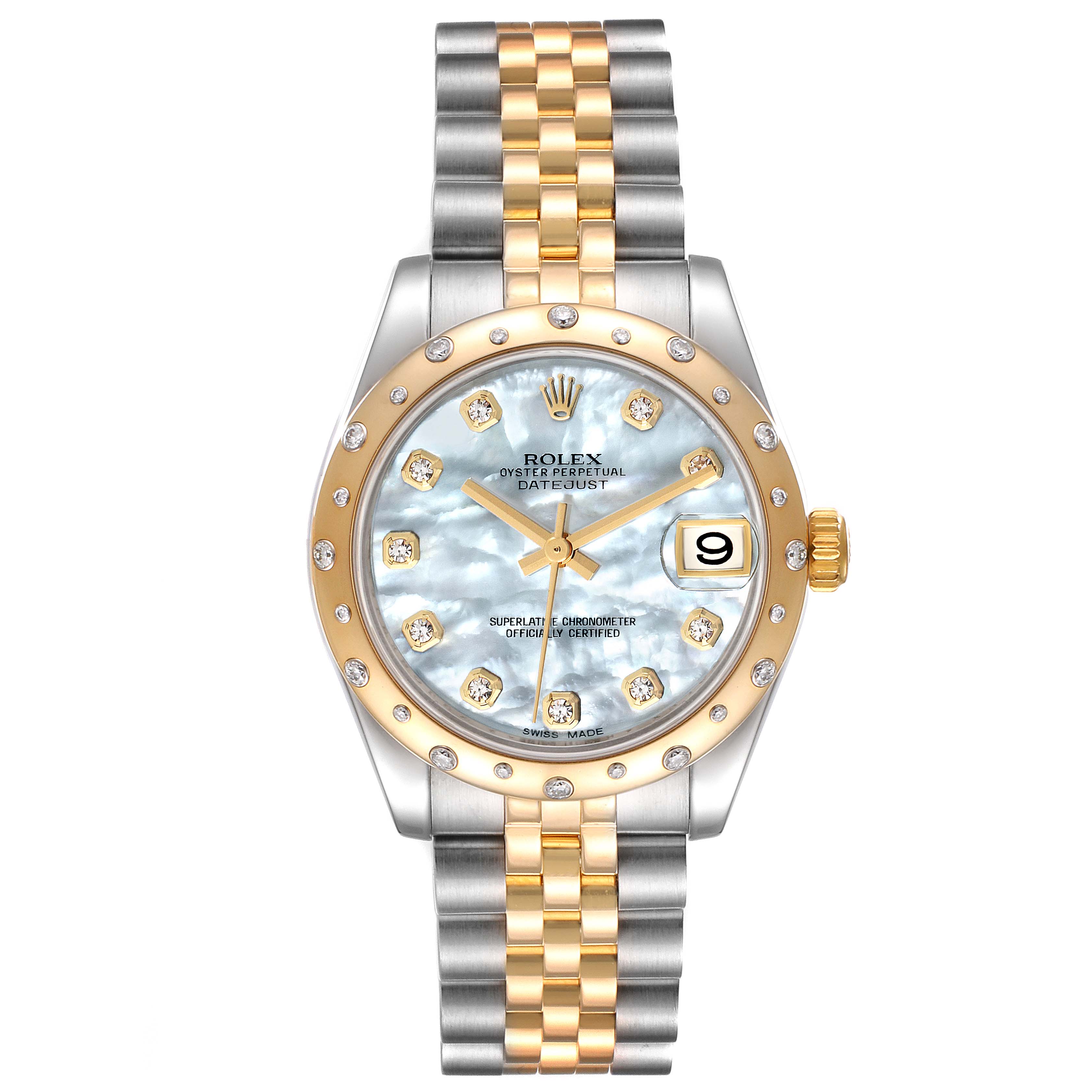 The image shows a front view of a Rolex Mid-Size 178343 Women's Steel and Gold (two tone) Mother of Pearl Dial 178343 Women's Steel and Gold (two tone) Mother of Pearl Dial Oyster Perpetual Datejust watch with a silver and gold band.