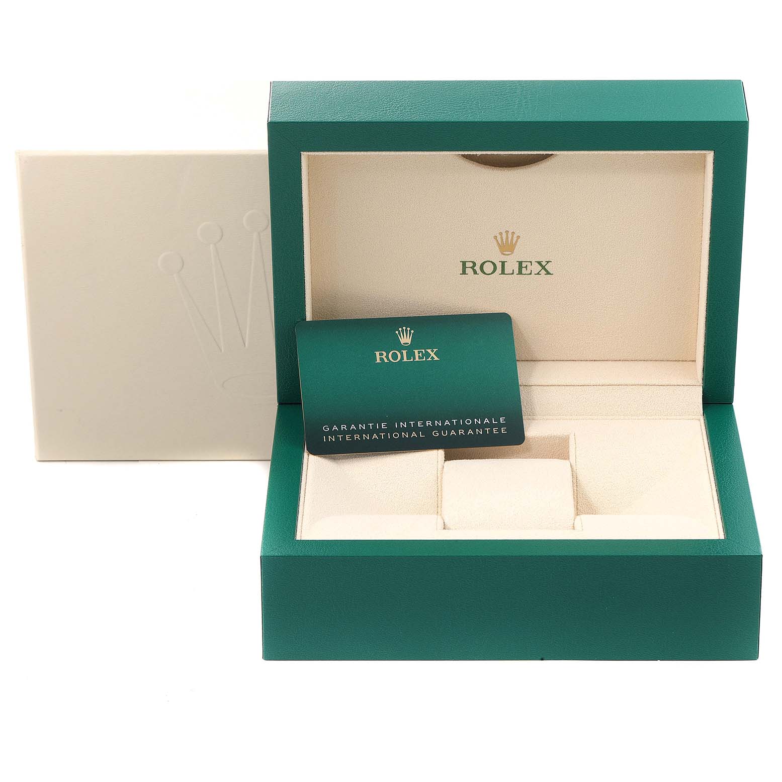 The image shows the open box and guarantee card for a Mid-Size Rolex watch.