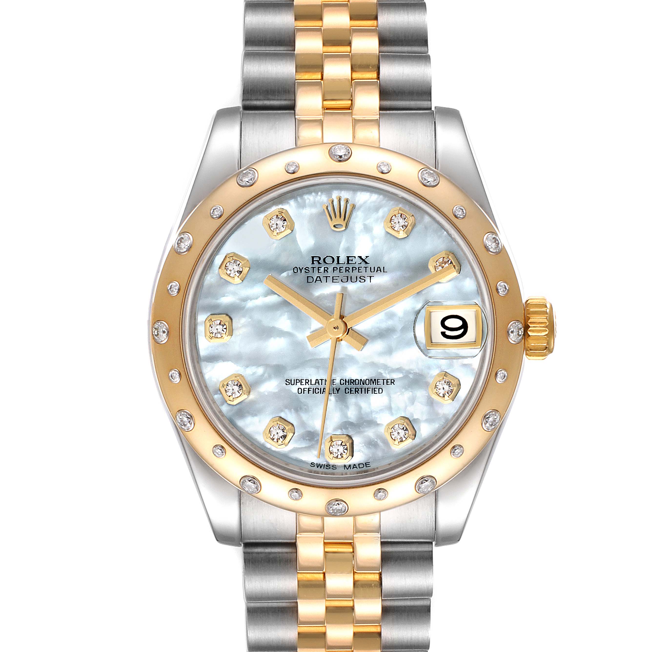 This Rolex Mid-Size 178343 Women's Steel and Gold (two tone) Mother of Pearl Dial 178343 Women's Steel and Gold (two tone) Mother of Pearl Dial Datejust watch is shown from a frontal angle, displaying its face, bezel, and bracelet.