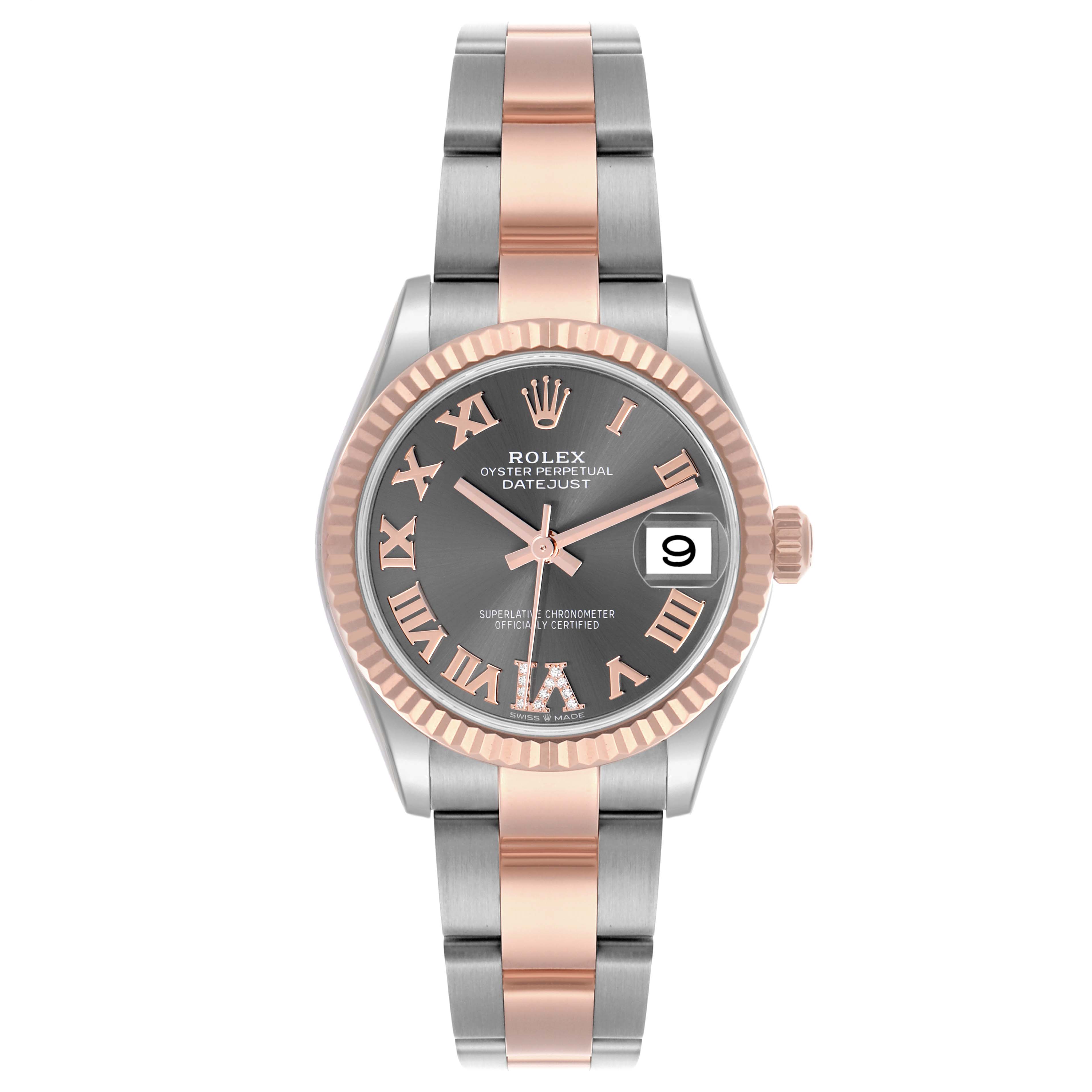 The Rolex Datejust Mid-Size model is shown from a front angle, highlighting the face, bezel, and bracelet.