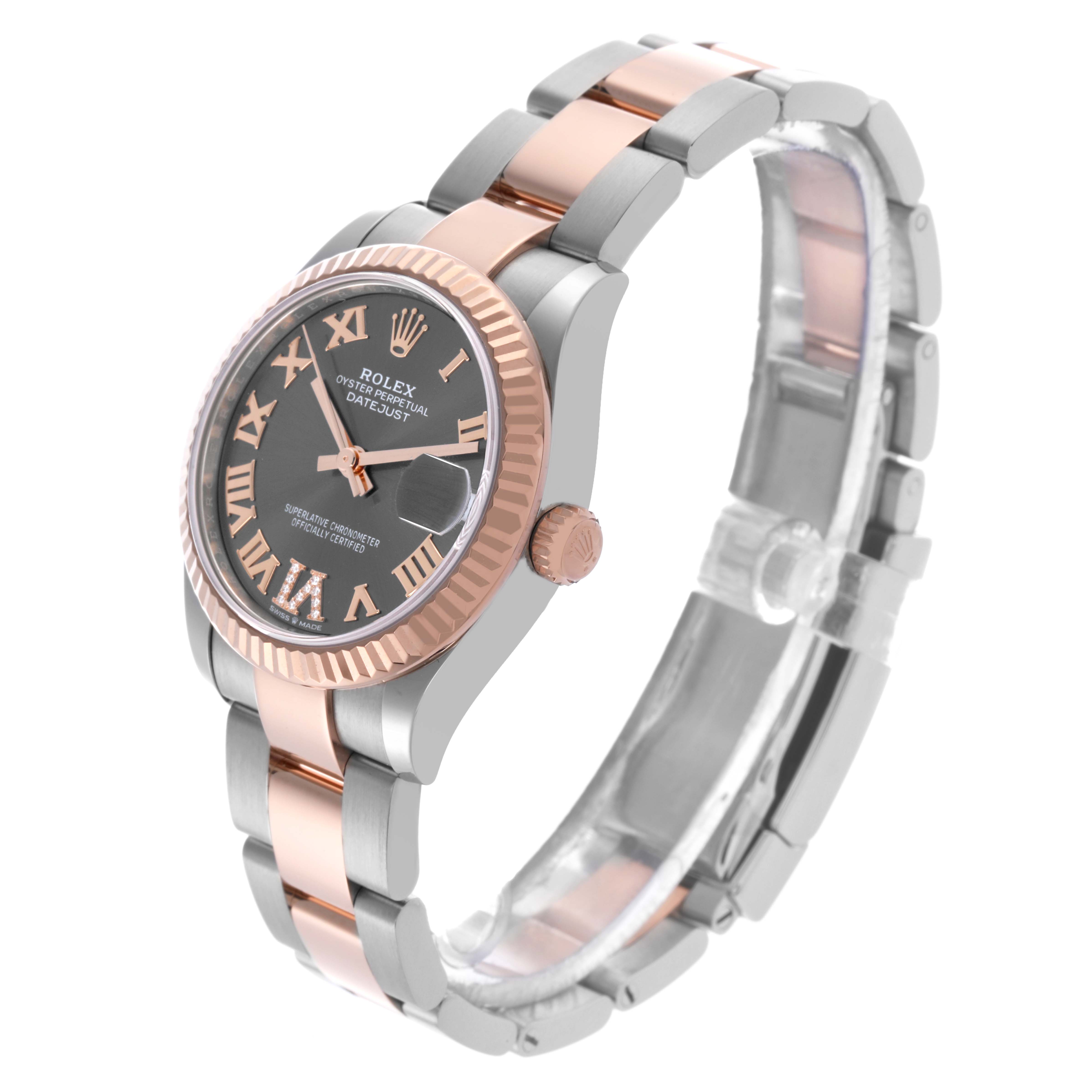 The Rolex Mid-Size 278271 Women's Steel and Gold (two tone) Grey Dial 278271 Women's Steel and Gold (two tone) Grey Dial watch is shown at an angled side view, highlighting the bezel, dial, bracelet, and crown.