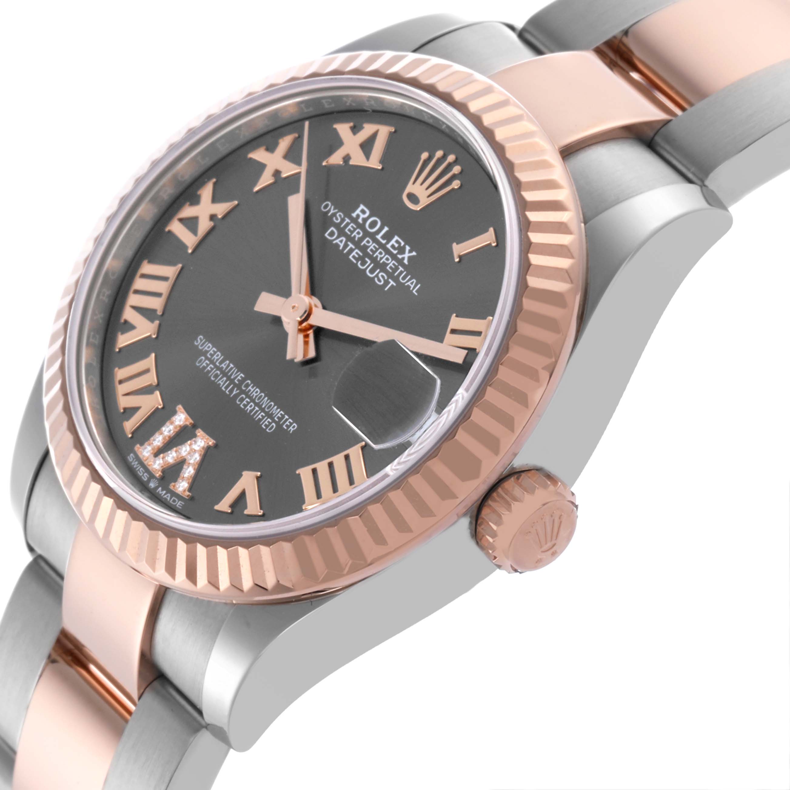 The image shows a side angle of the Rolex Mid-Size 278271 Women's Steel and Gold (two tone) Grey Dial 278271 Women's Steel and Gold (two tone) Grey Dial Datejust, highlighting the bezel, crown, and part of the bracelet.