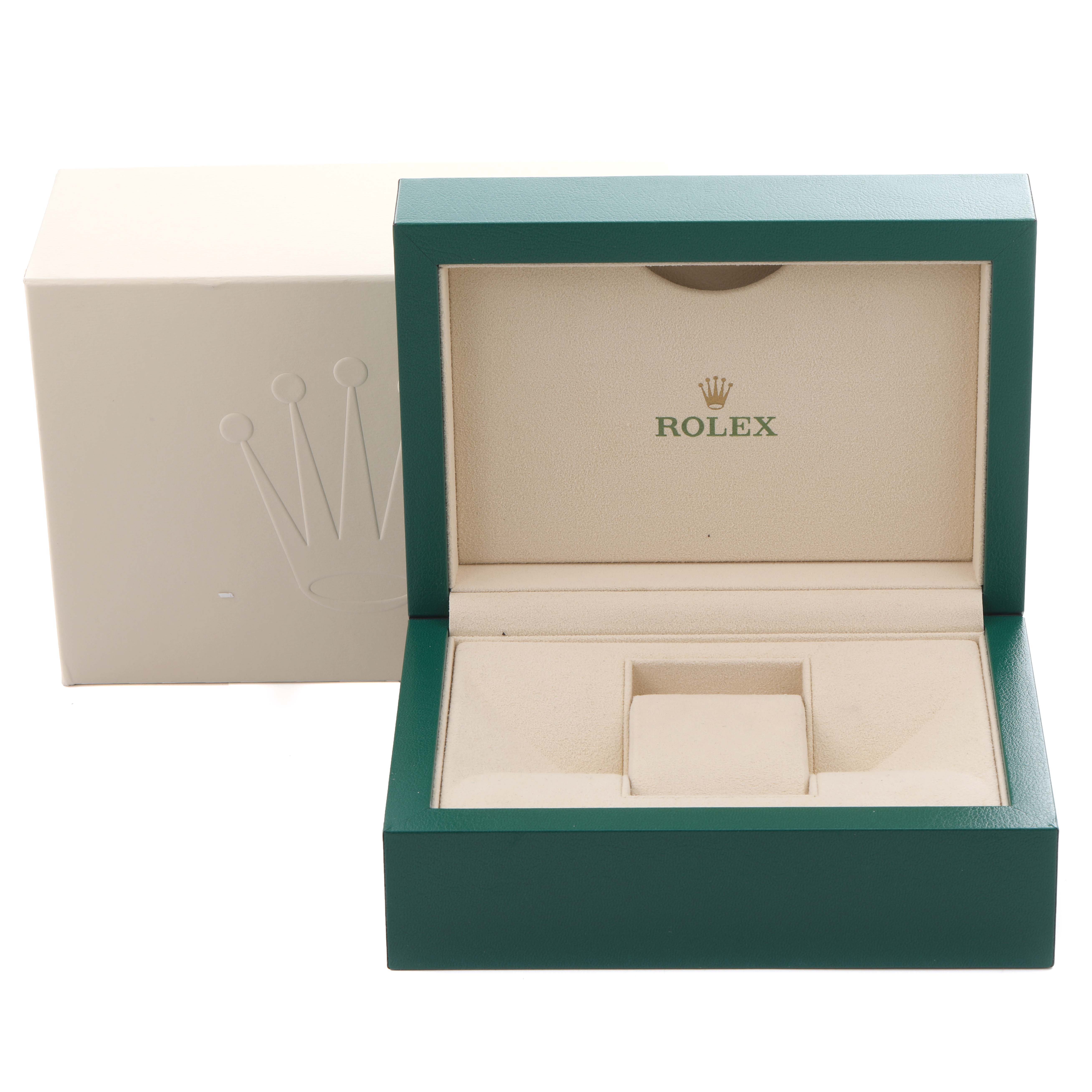 The image shows an empty Rolex watch box for a Mid-Size model, highlighting the inner and outer packaging.