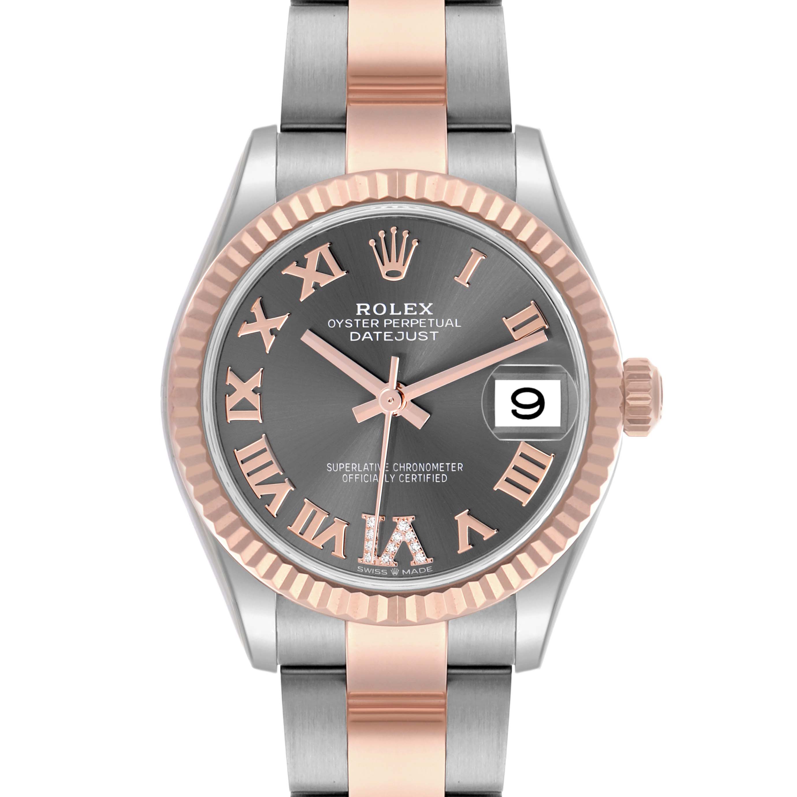 The Rolex Mid-Size 278271 Women's Steel and Gold (two tone) Grey Dial 278271 Women's Steel and Gold (two tone) Grey Dial Datejust is shown from the front, displaying the face, bezel, and partial bracelet with Roman numerals.
