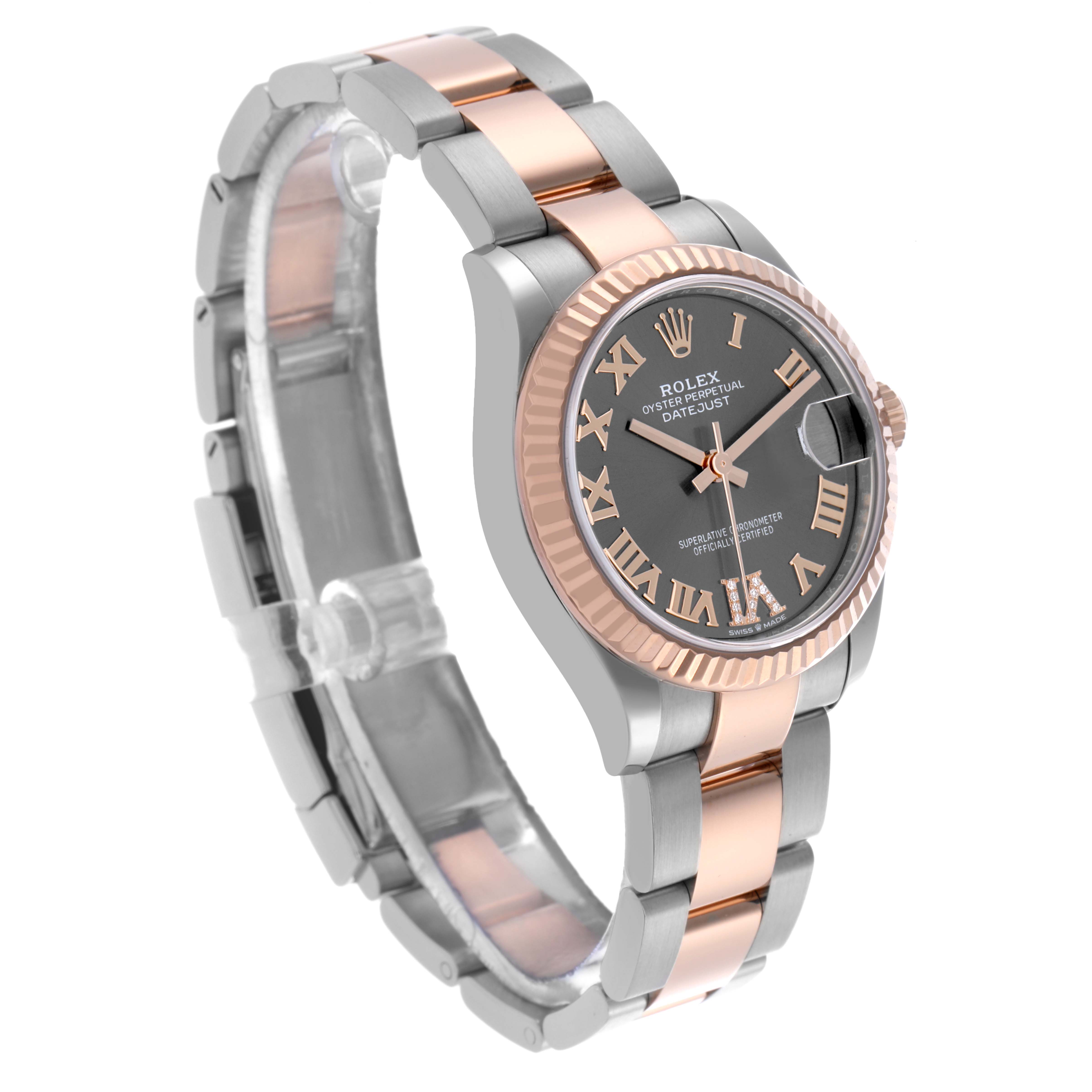 The Rolex Mid-Size 278271 Women's Steel and Gold (two tone) Grey Dial 278271 Women's Steel and Gold (two tone) Grey Dial watch is shown at an oblique angle, highlighting its two-tone bracelet, fluted bezel, and Roman numeral dial.