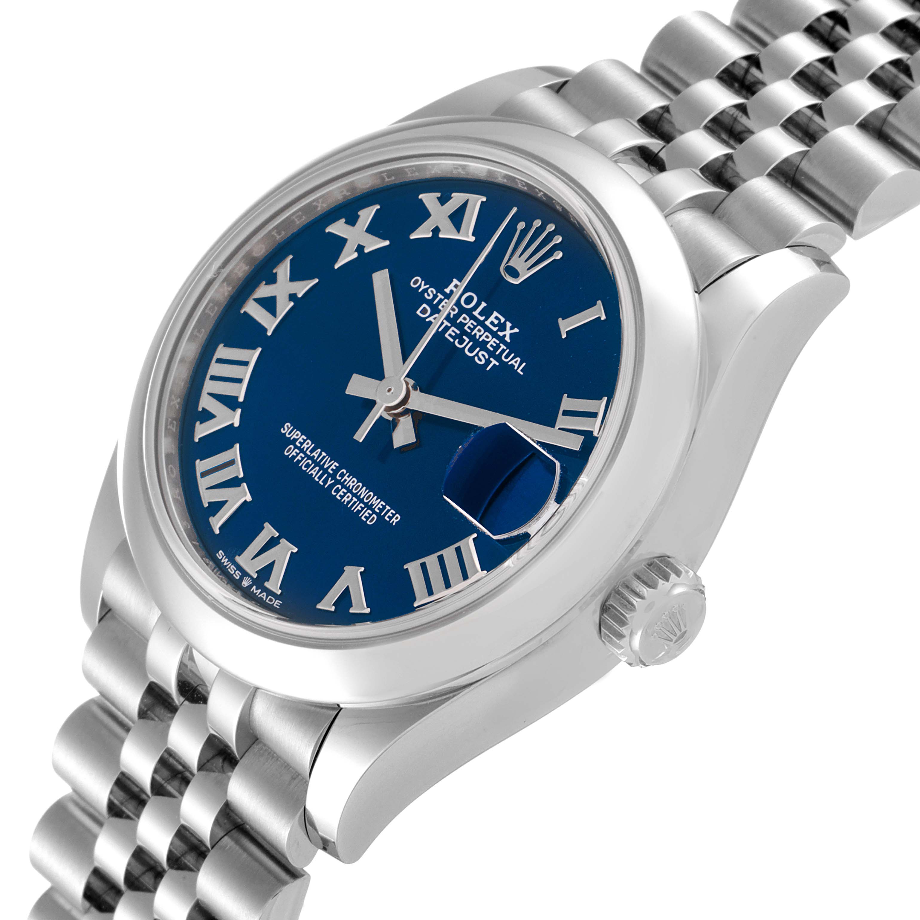 This image shows a Rolex Mid-Size 278240 Women's Stainless Steel Blue Dial 278240 Women's Stainless Steel Blue Dial model watch from an angle highlighting the dial, bezel, crown, and part of the bracelet.