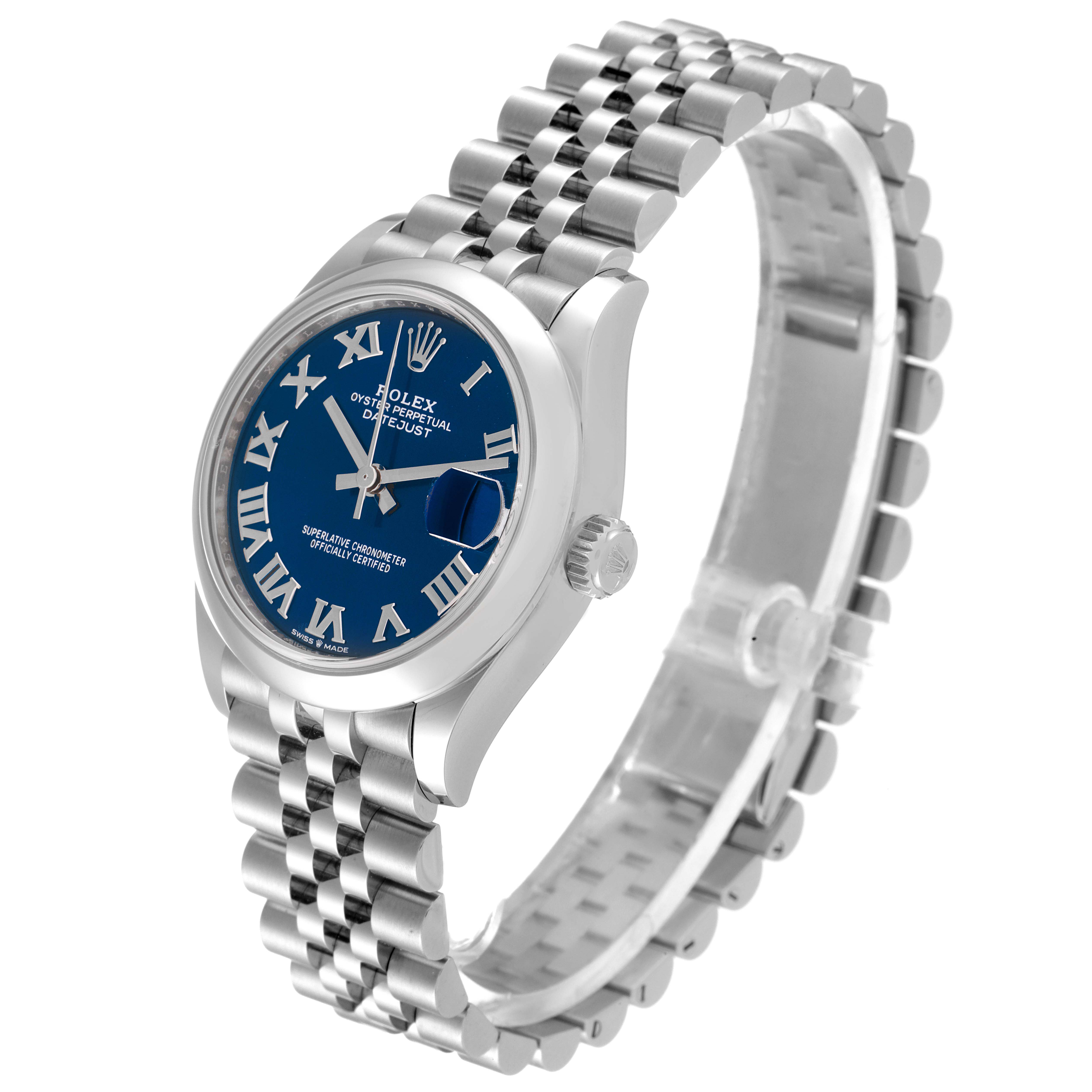 The image shows a side angle of a Rolex Mid-Size 278240 Women's Stainless Steel Blue Dial 278240 Women's Stainless Steel Blue Dial watch highlighting its blue dial, Roman numerals, and stainless steel bracelet.