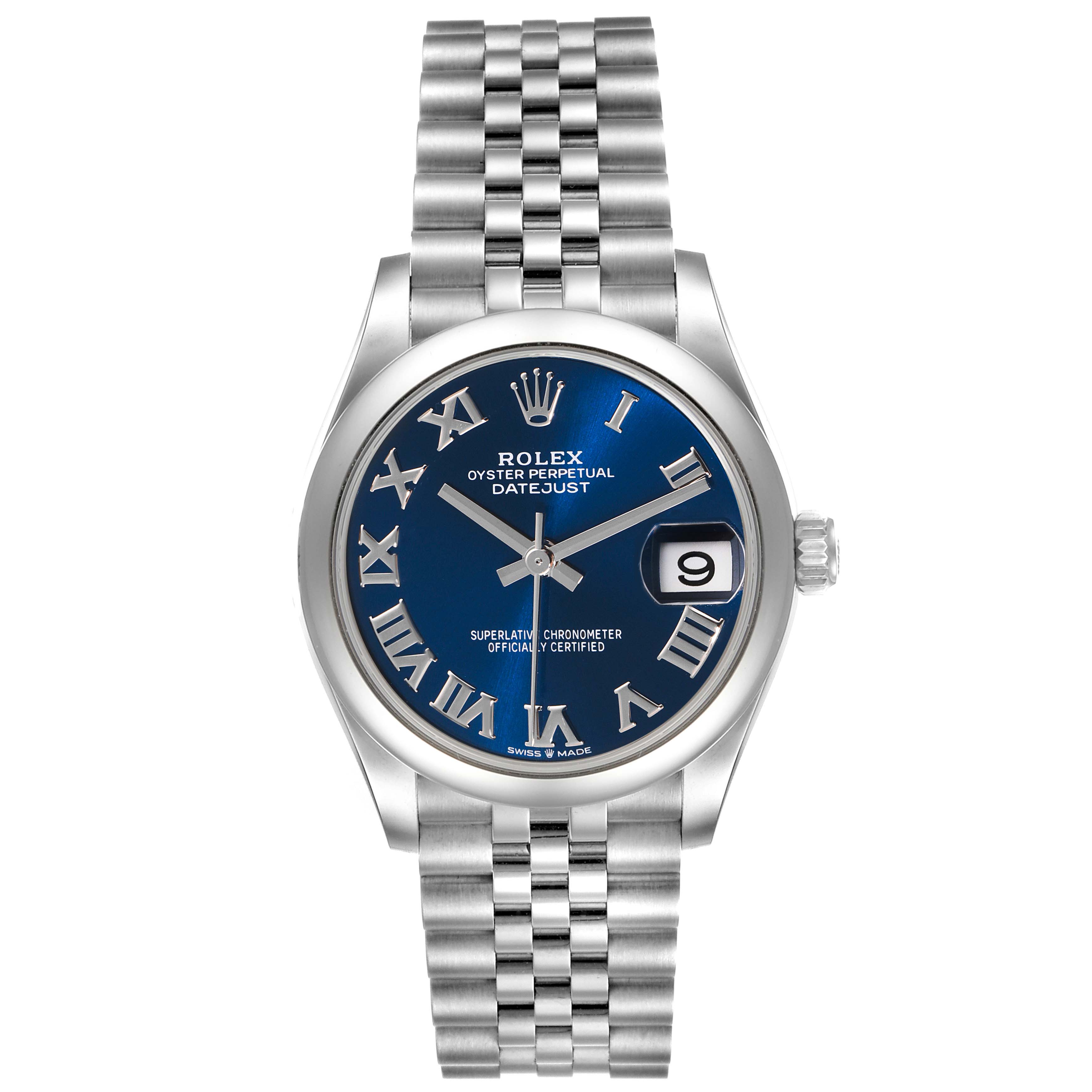 The Rolex Mid-Size 278240 Women's Stainless Steel Blue Dial 278240 Women's Stainless Steel Blue Dial Datejust watch is shown from a top-down angle, displaying its blue dial, Roman numerals, stainless steel case, and bracelet.