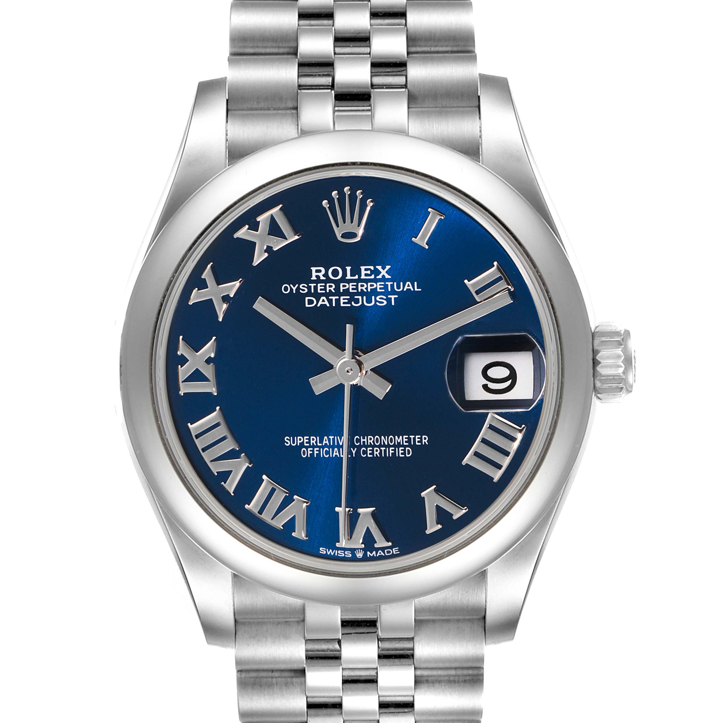 This image shows a Rolex Datejust Mid-Size watch, featuring a blue Roman numeral dial and stainless steel Jubilee bracelet, viewed from the front.