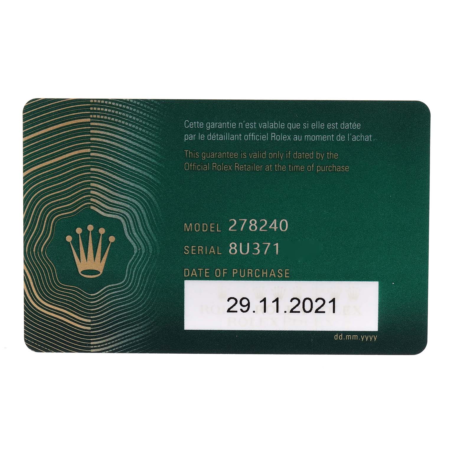 The image shows a guarantee card for a Mid-Size Rolex Model 278240 with the date of purchase, serial number, and other details.