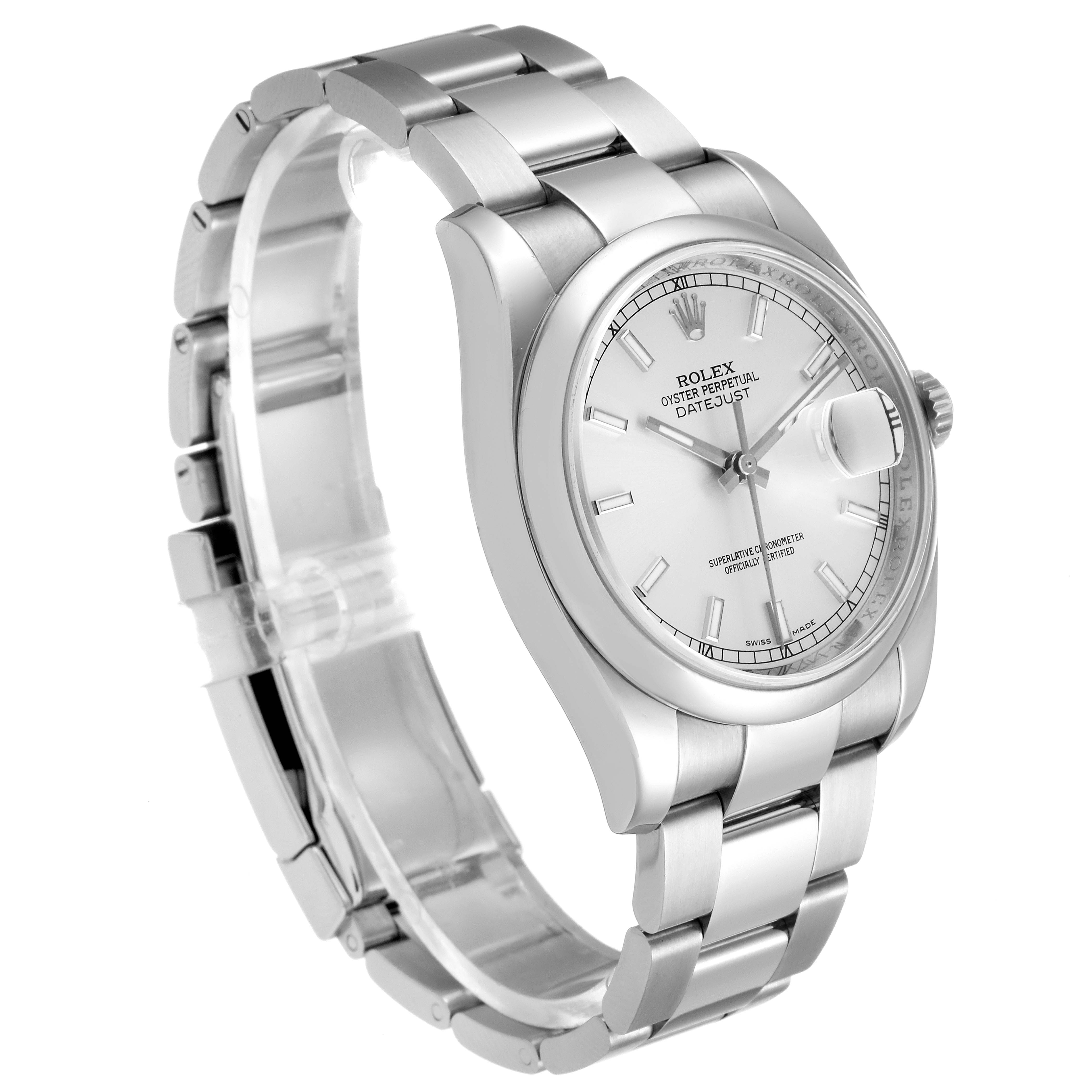 The Rolex Datejust 116200 Men's Stainless Steel Silver Dial 116200 Men's Stainless Steel Silver Dial watch is shown from a side angle, featuring its dial, bracelet, and crown.