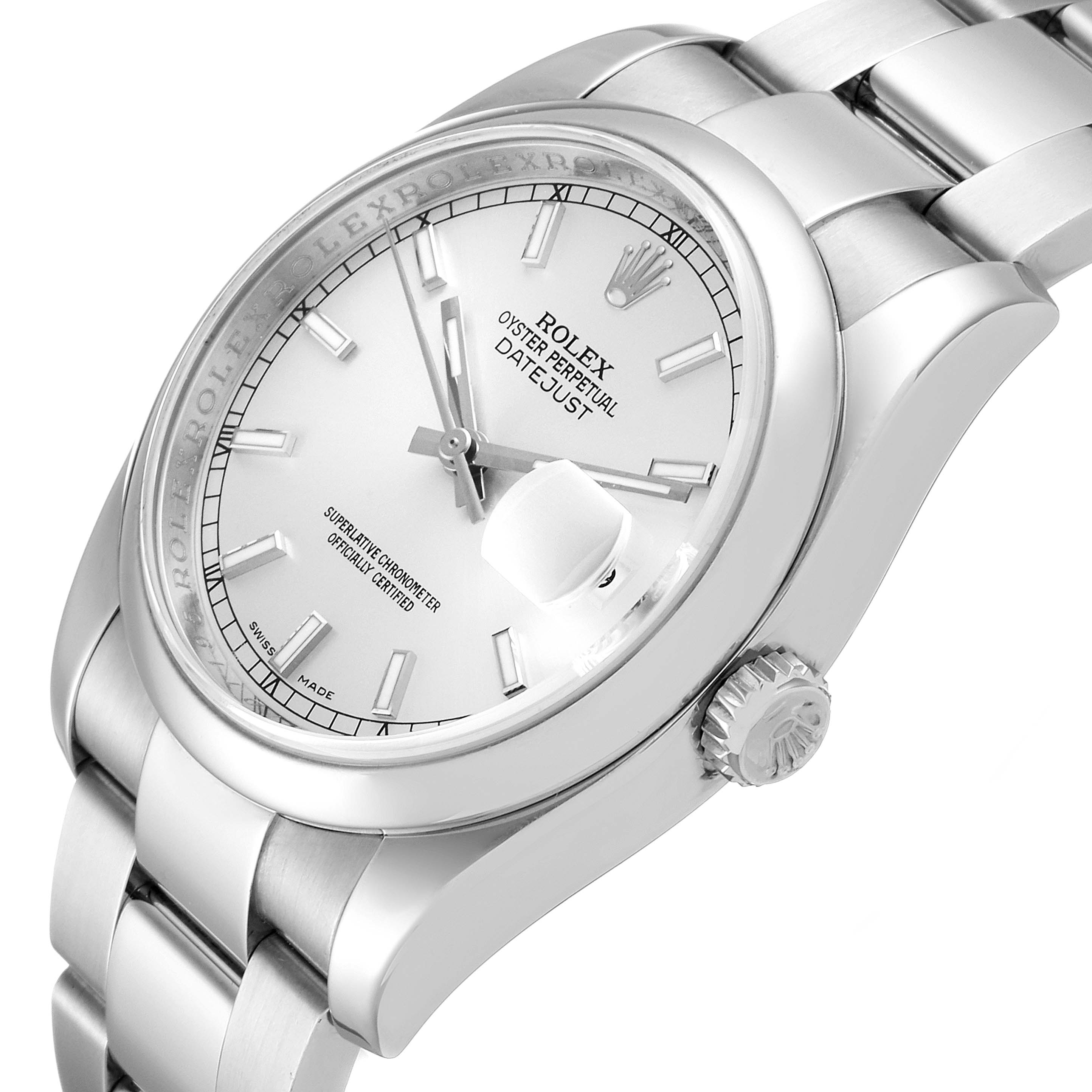 The image shows the Rolex Datejust 116200 Men's Stainless Steel Silver Dial 116200 Men's Stainless Steel Silver Dial watch at a 3/4 angle, highlighting the crown, dial, bracelet, and cyclops lens.