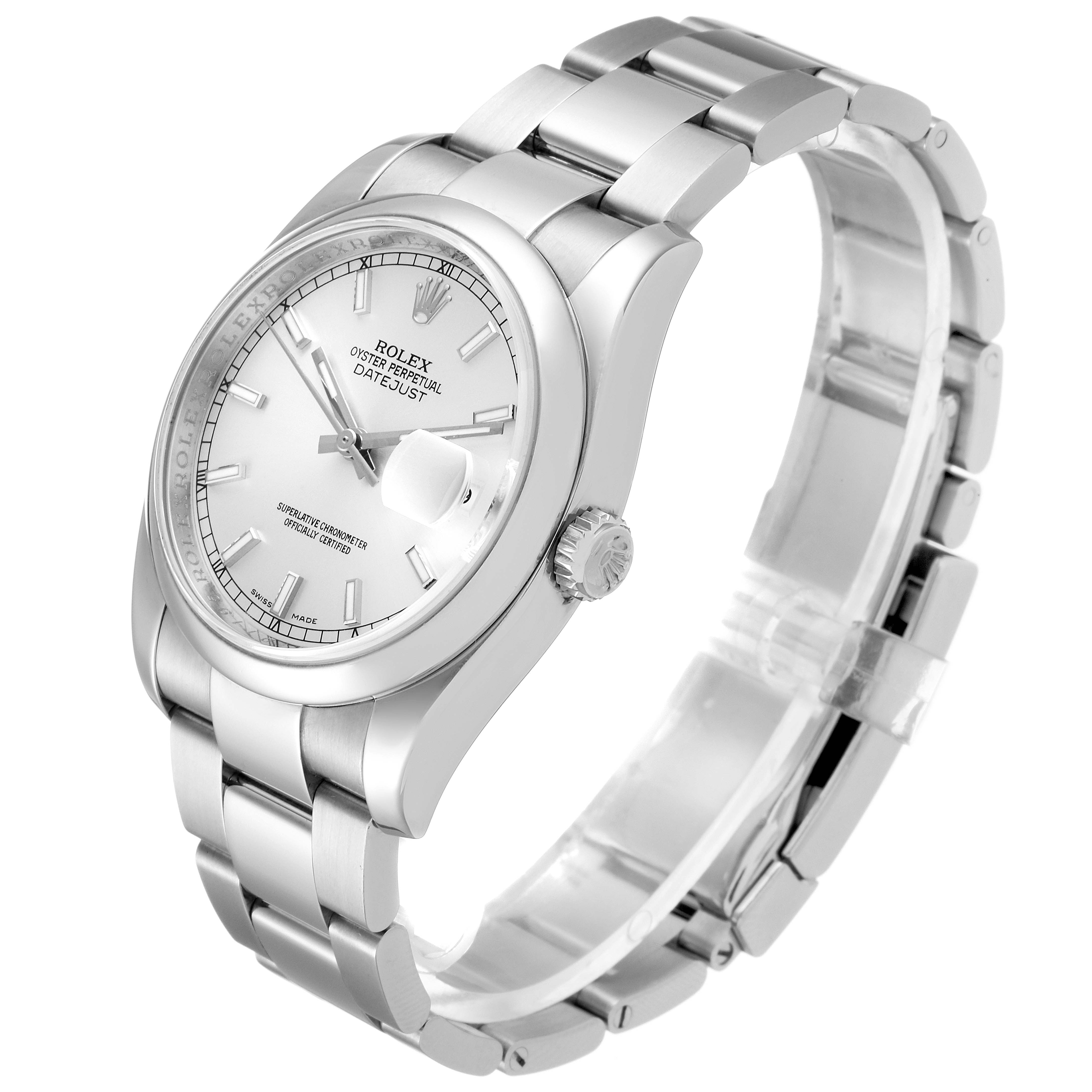 The image shows a side and front view of the Rolex Datejust 116200 Men's Stainless Steel Silver Dial 116200 Men's Stainless Steel Silver Dial watch, highlighting its dial, bezel, crown, and bracelet.