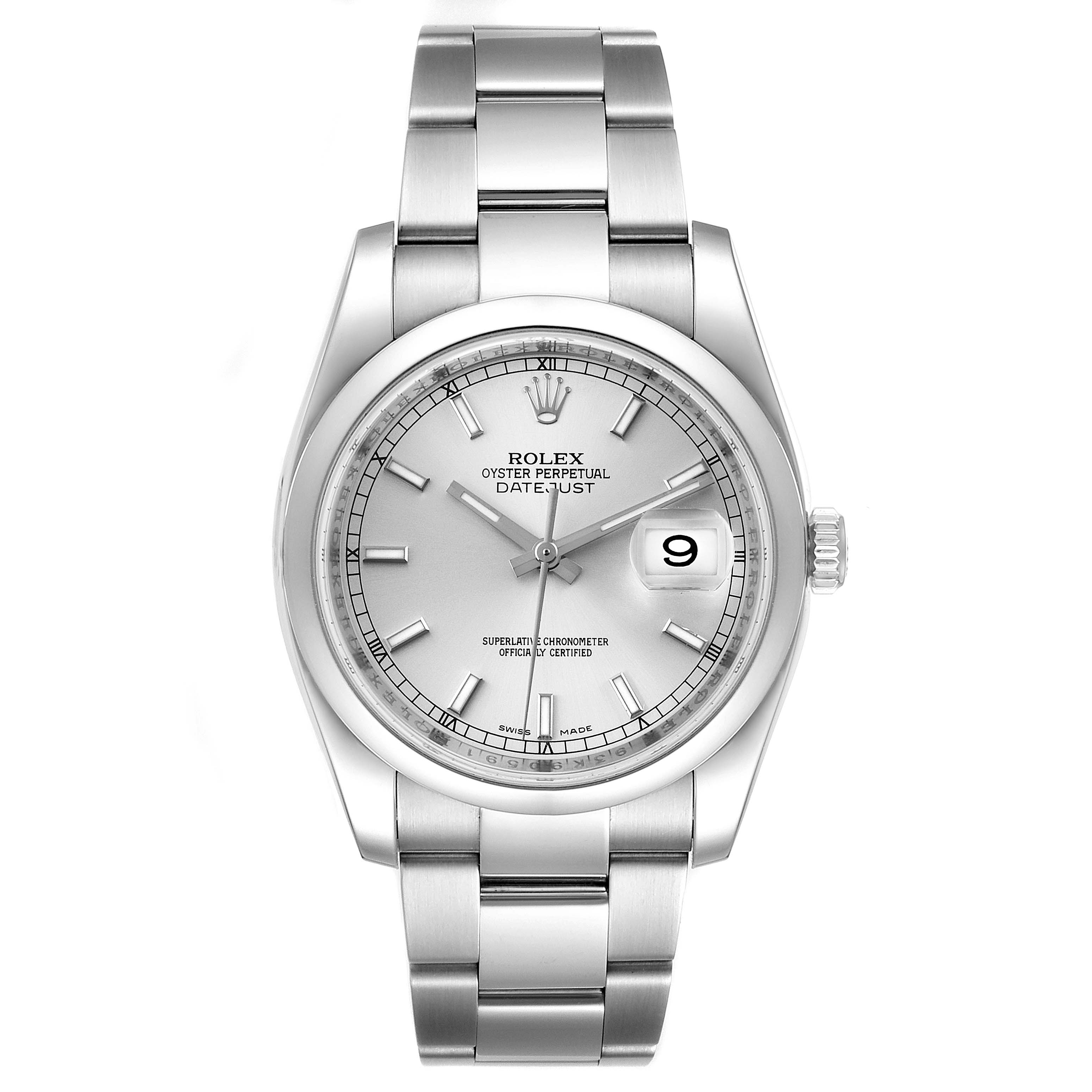 This image shows a front view of the Rolex Datejust 116200 Men's Stainless Steel Silver Dial 116200 Men's Stainless Steel Silver Dial watch, highlighting the dial, bezel, bracelet, and date window.