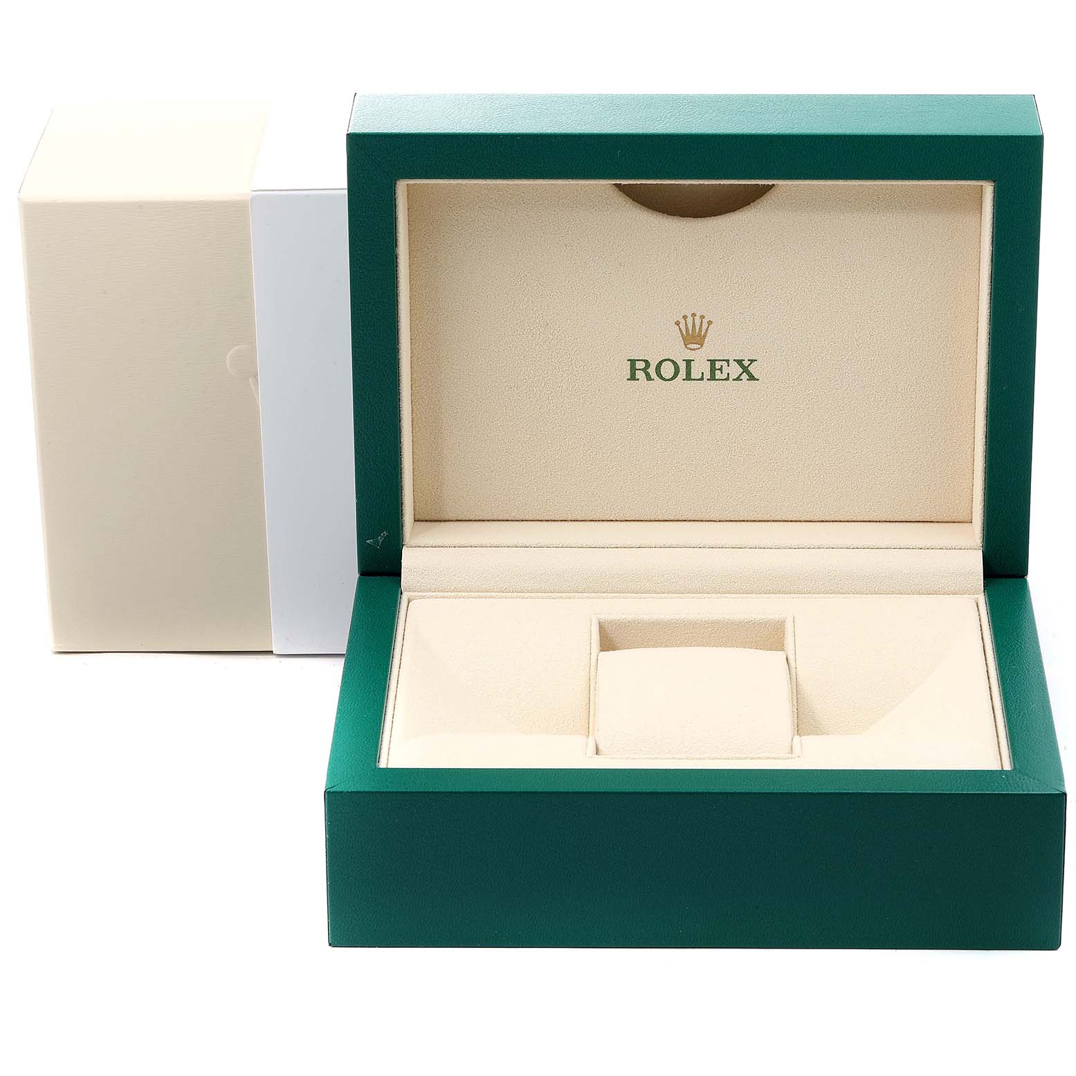 This image shows an open green and beige Rolex watch box for the Datejust model.