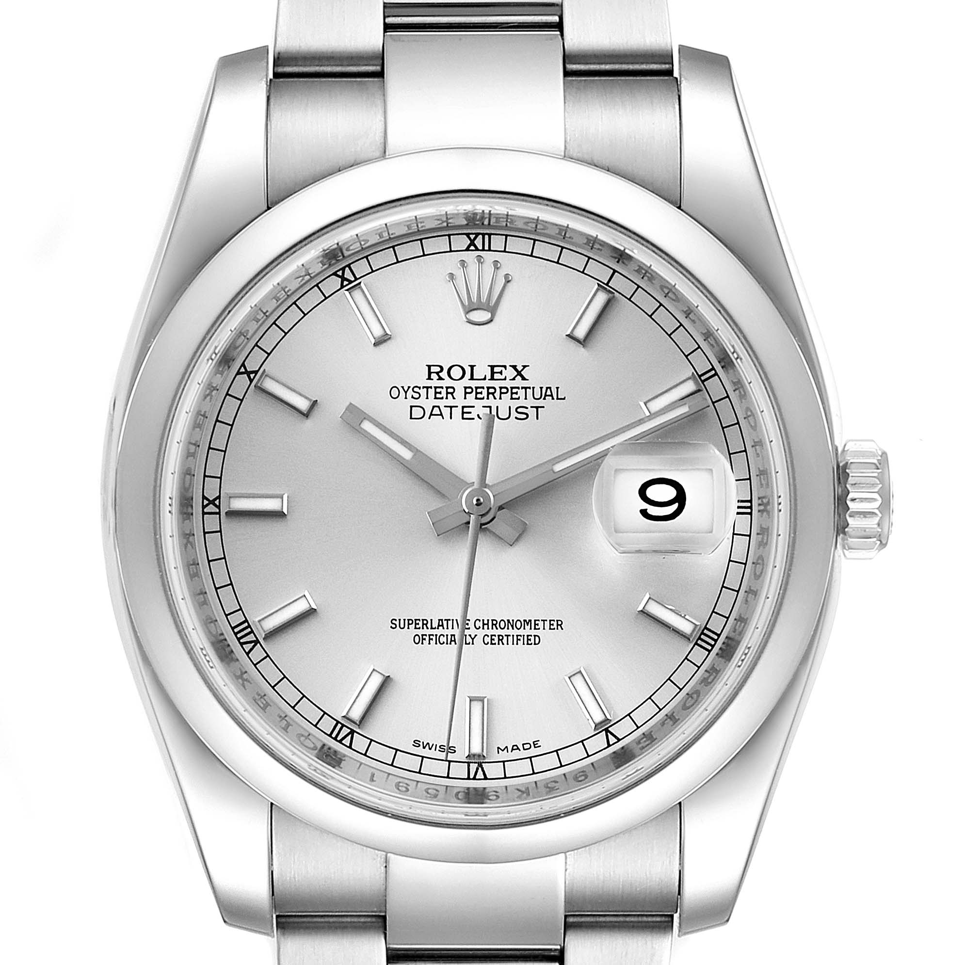 This image displays a front-facing view of the Rolex Datejust 116200 Men's Stainless Steel Silver Dial 116200 Men's Stainless Steel Silver Dial watch, highlighting the dial, hour markers, and date window.