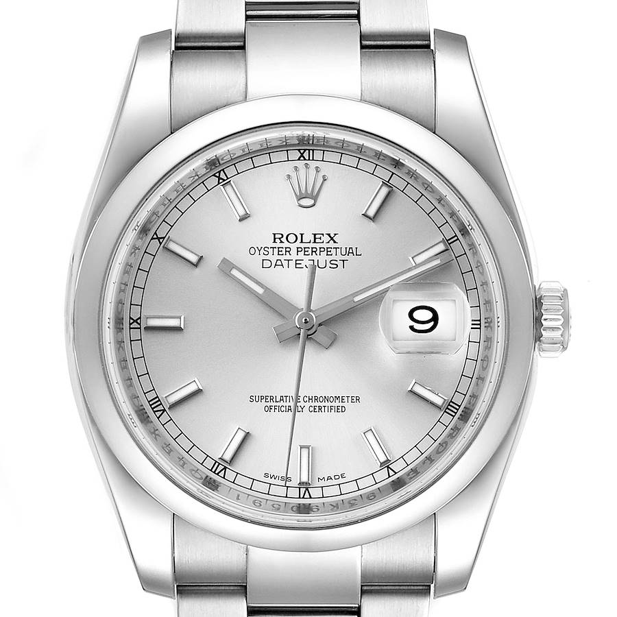 Rolex Datejust 36 Silver Baton Dial Steel Mens Watch 116200 SwissWatchExpo