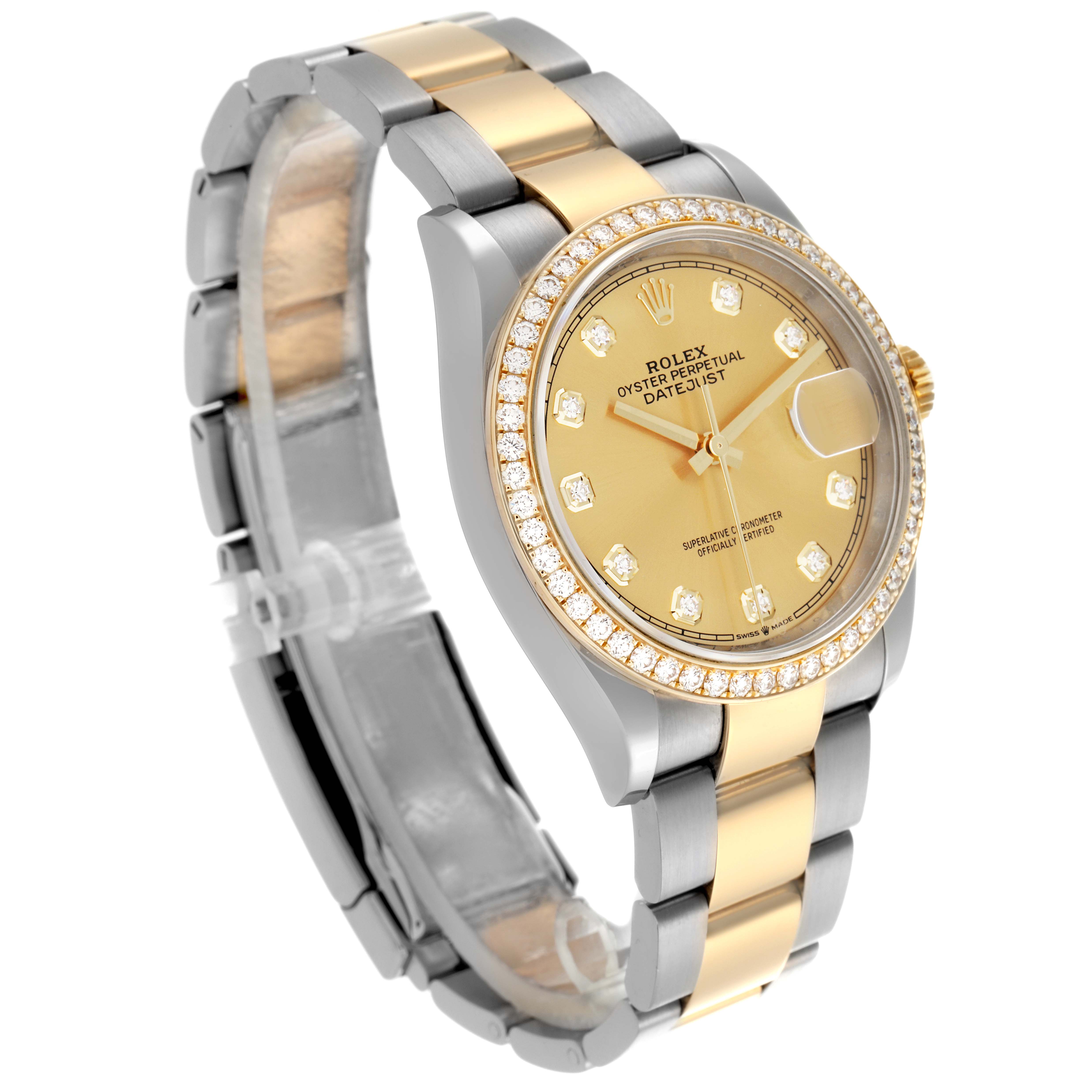 The Rolex Datejust 126283RBR Men's Steel and Gold (two tone) Champagne Dial 126283RBR Men's Steel and Gold (two tone) Champagne Dial watch is shown at a 3/4 angle, displaying the face, diamond bezel, and two-tone bracelet.