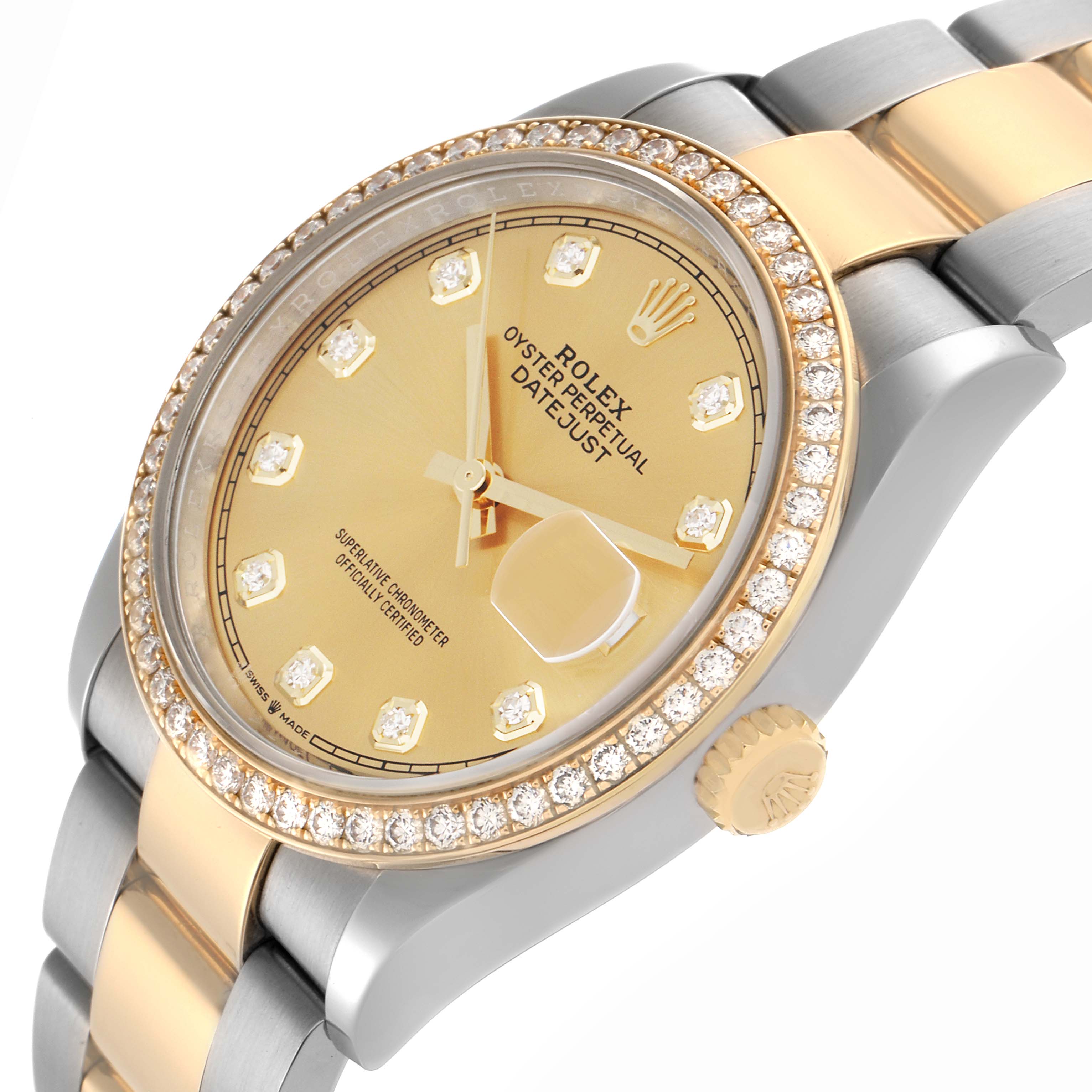 The image shows a Rolex Datejust 126283RBR Men's Steel and Gold (two tone) Champagne Dial 126283RBR Men's Steel and Gold (two tone) Champagne Dial watch at a tilted angle, highlighting the diamond bezel, gold dial, and two-tone bracelet.