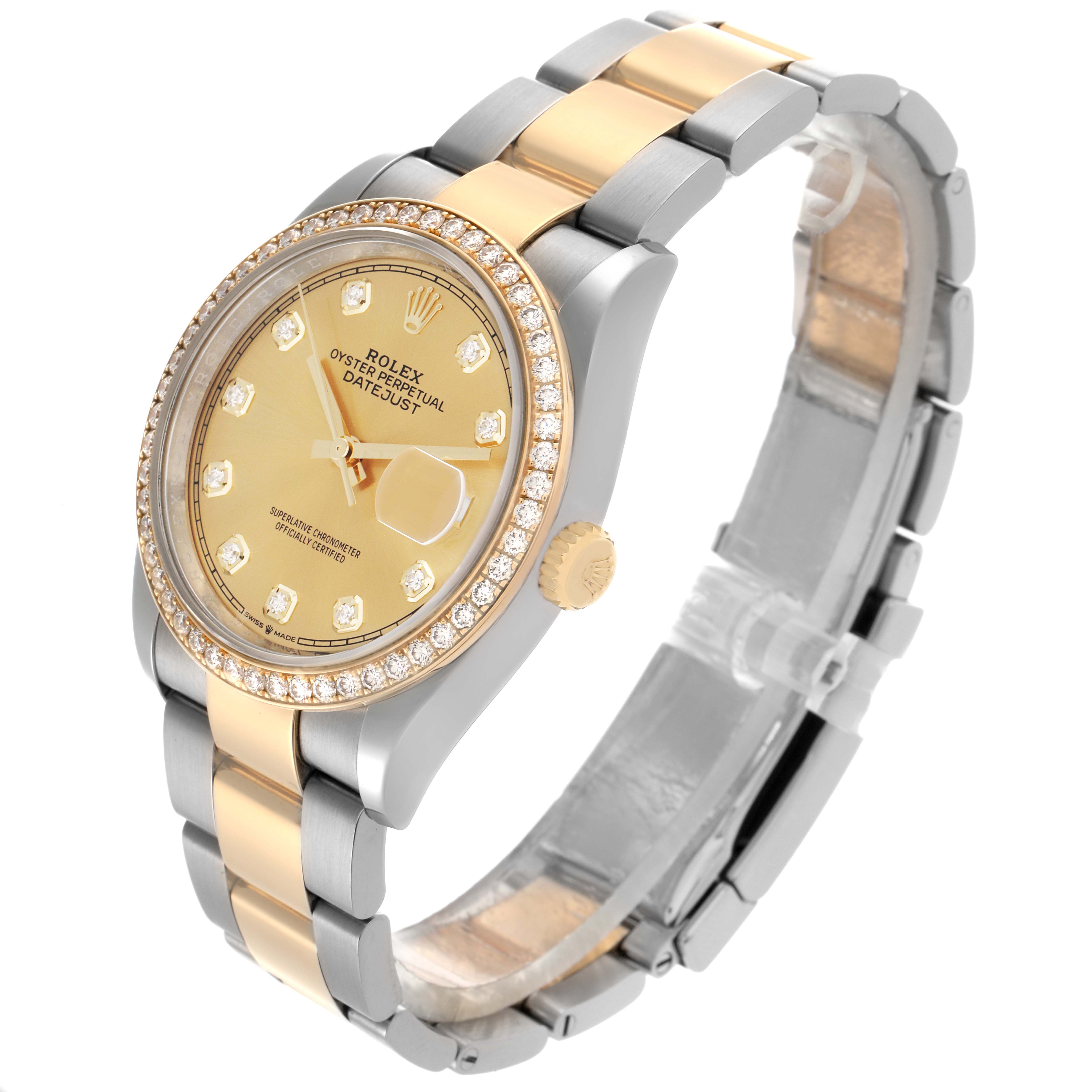 The Rolex Datejust 126283RBR Men's Steel and Gold (two tone) Champagne Dial 126283RBR Men's Steel and Gold (two tone) Champagne Dial watch is shown at an angle highlighting the dial, bezel, crown, and bracelet.
