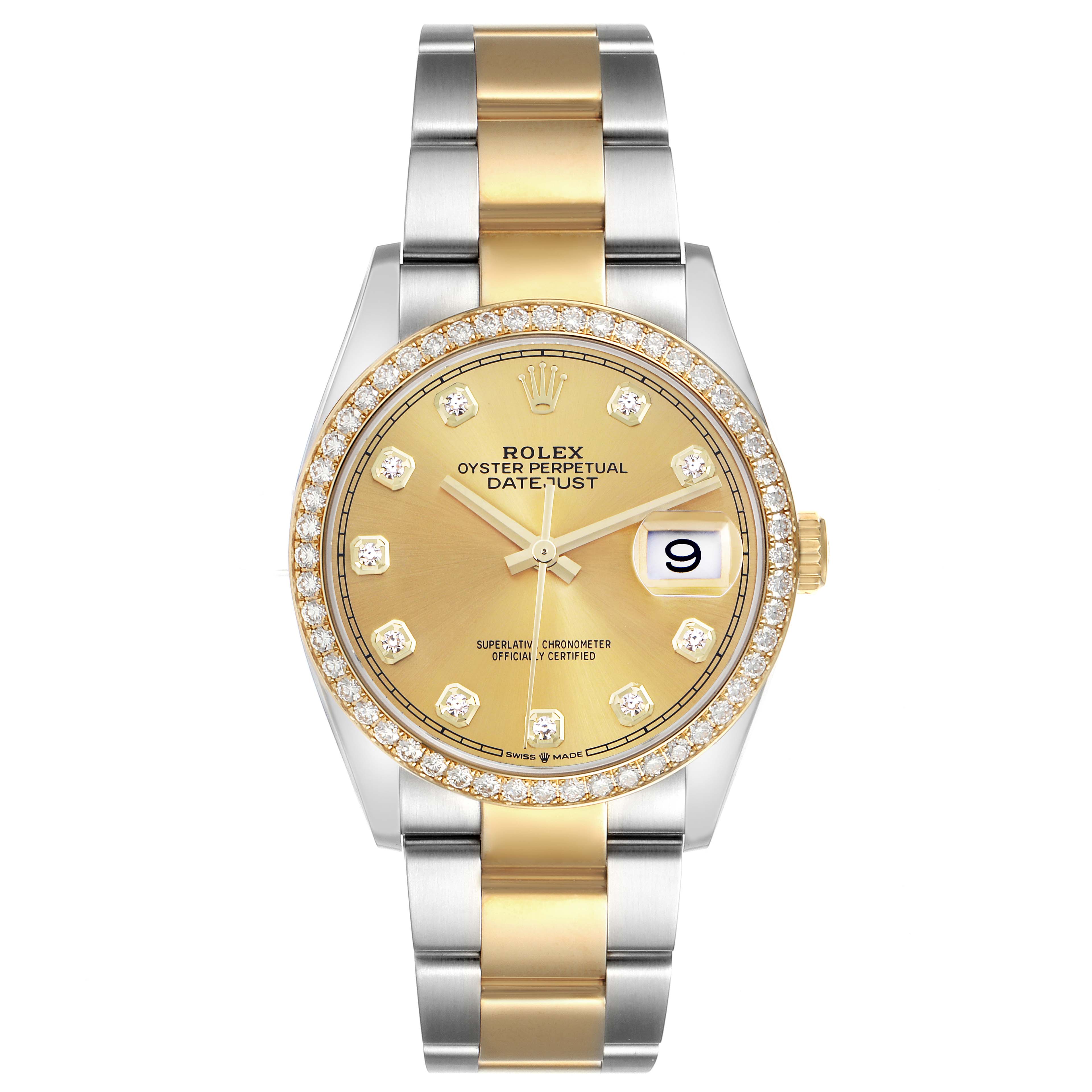 The Rolex Datejust 126283RBR Men's Steel and Gold (two tone) Champagne Dial 126283RBR Men's Steel and Gold (two tone) Champagne Dial watch is shown from a top-down angle, featuring the gold and silver bracelet, diamond bezel, and dial with date window.