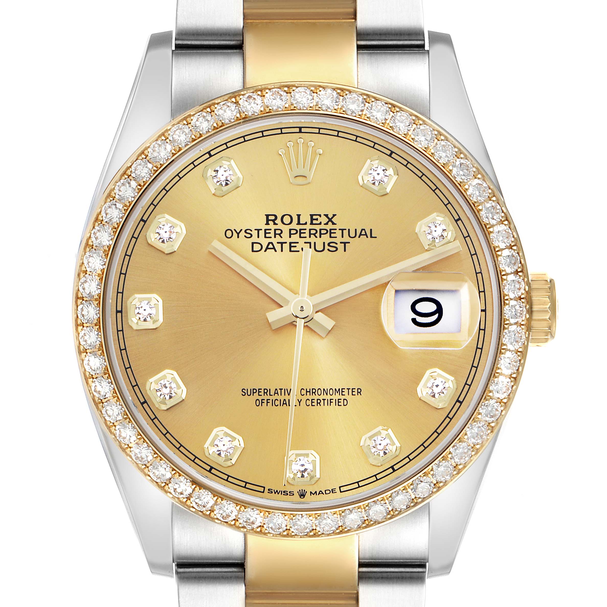The Rolex Datejust 126283RBR Men's Steel and Gold (two tone) Champagne Dial 126283RBR Men's Steel and Gold (two tone) Champagne Dial watch is shown from a frontal angle, highlighting the gold-toned dial, diamond bezel, and date display.