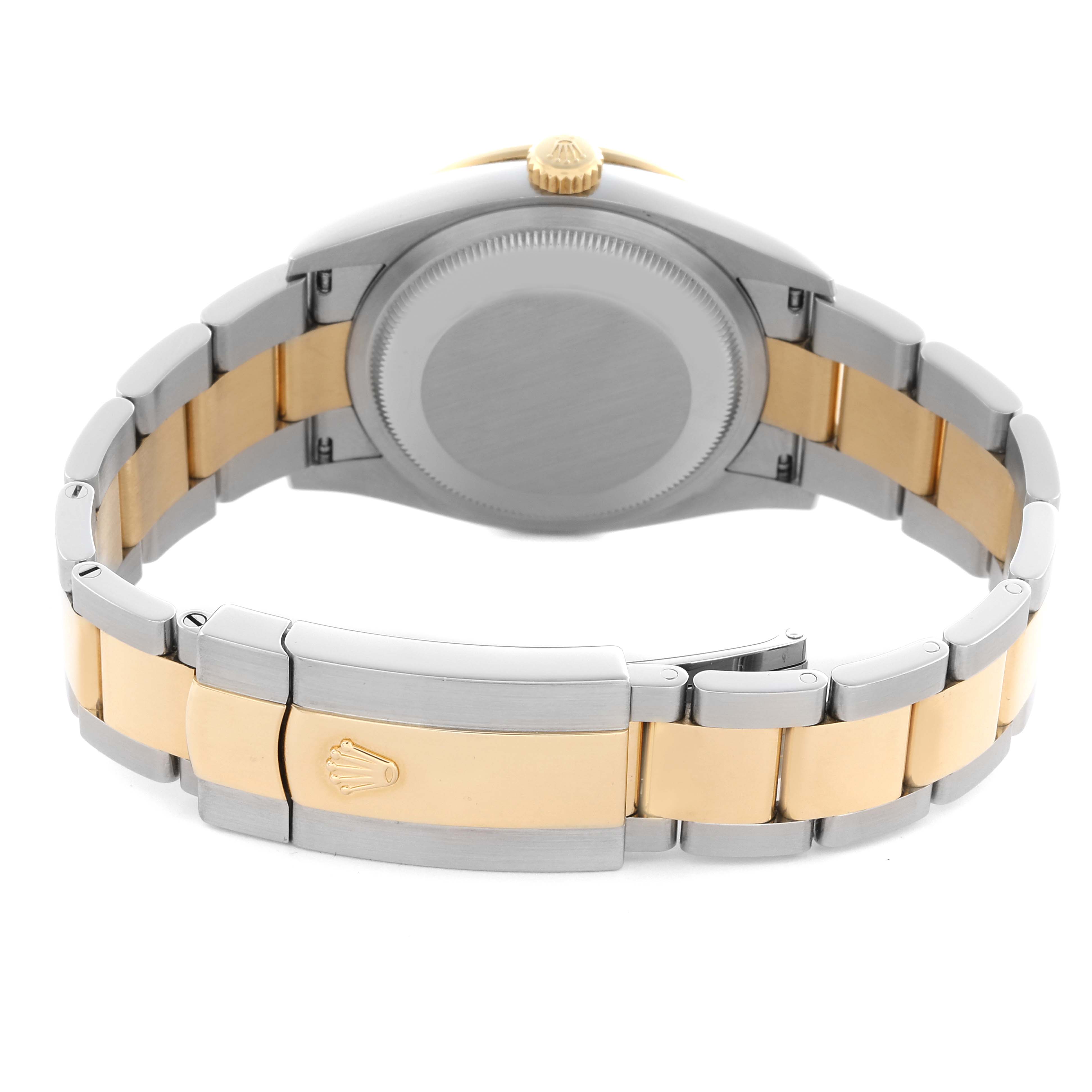 The image shows the back and bracelet of a Rolex Datejust 126283RBR Men's Steel and Gold (two tone) Champagne Dial 126283RBR Men's Steel and Gold (two tone) Champagne Dial watch, highlighting its two-tone gold and silver design.
